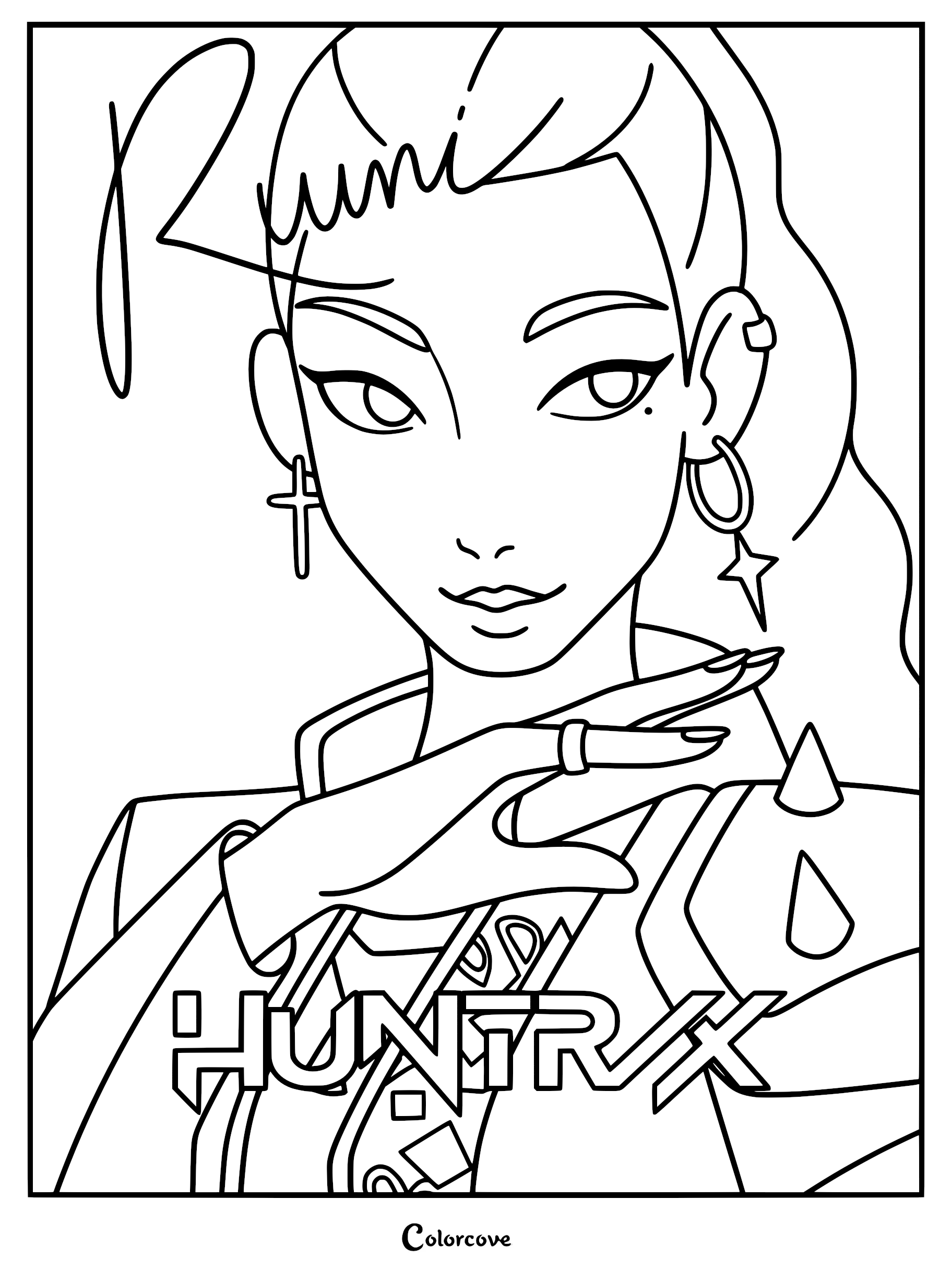 A detailed coloring page featuring Rumi from KPop Demon Hunters, showcasing her long ponytail, hoop and cross earrings, and the Huntr/x logo at the bottom.