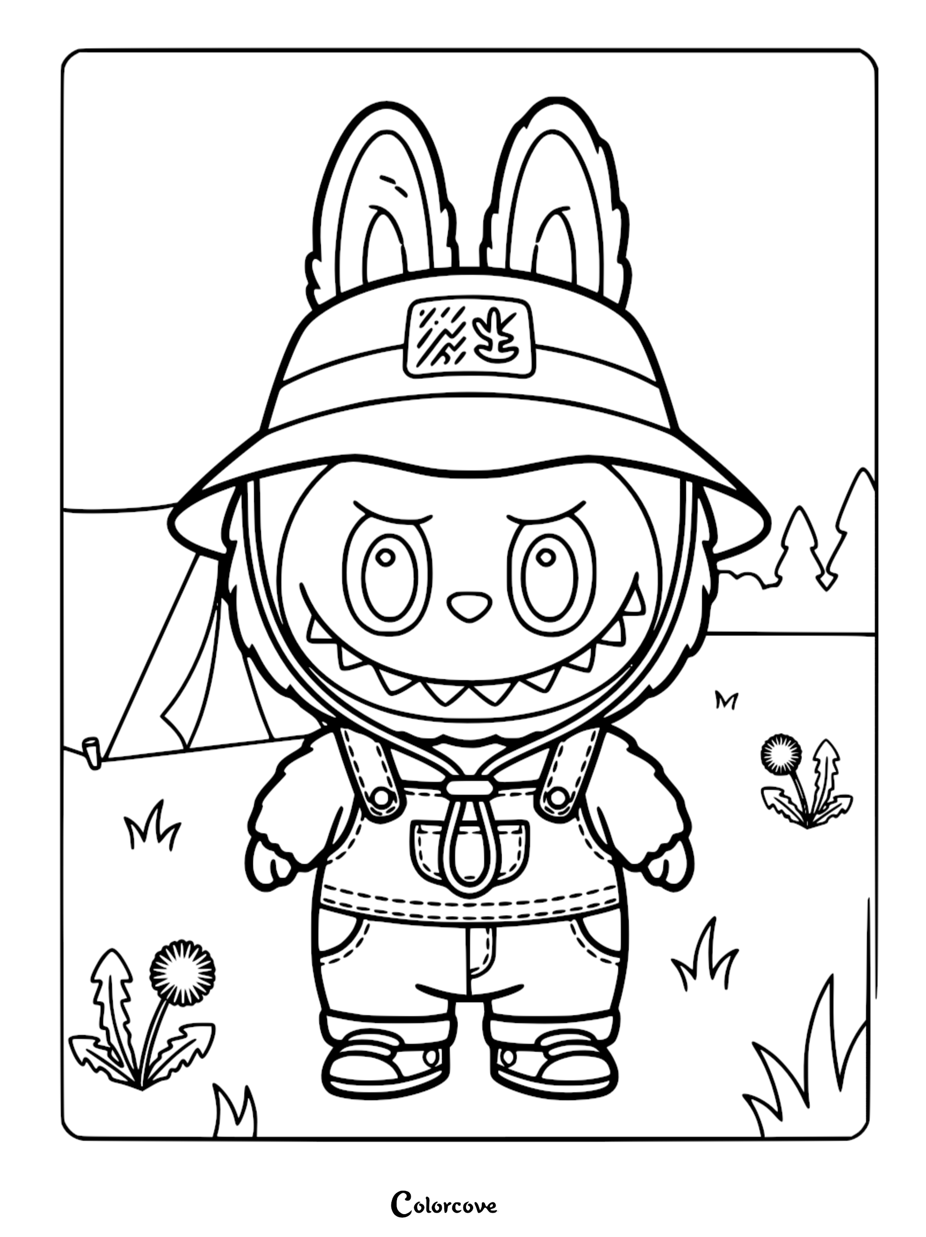Labubu wearing a bucket hat and overalls standing in a field with dandelions, a line art coloring page.