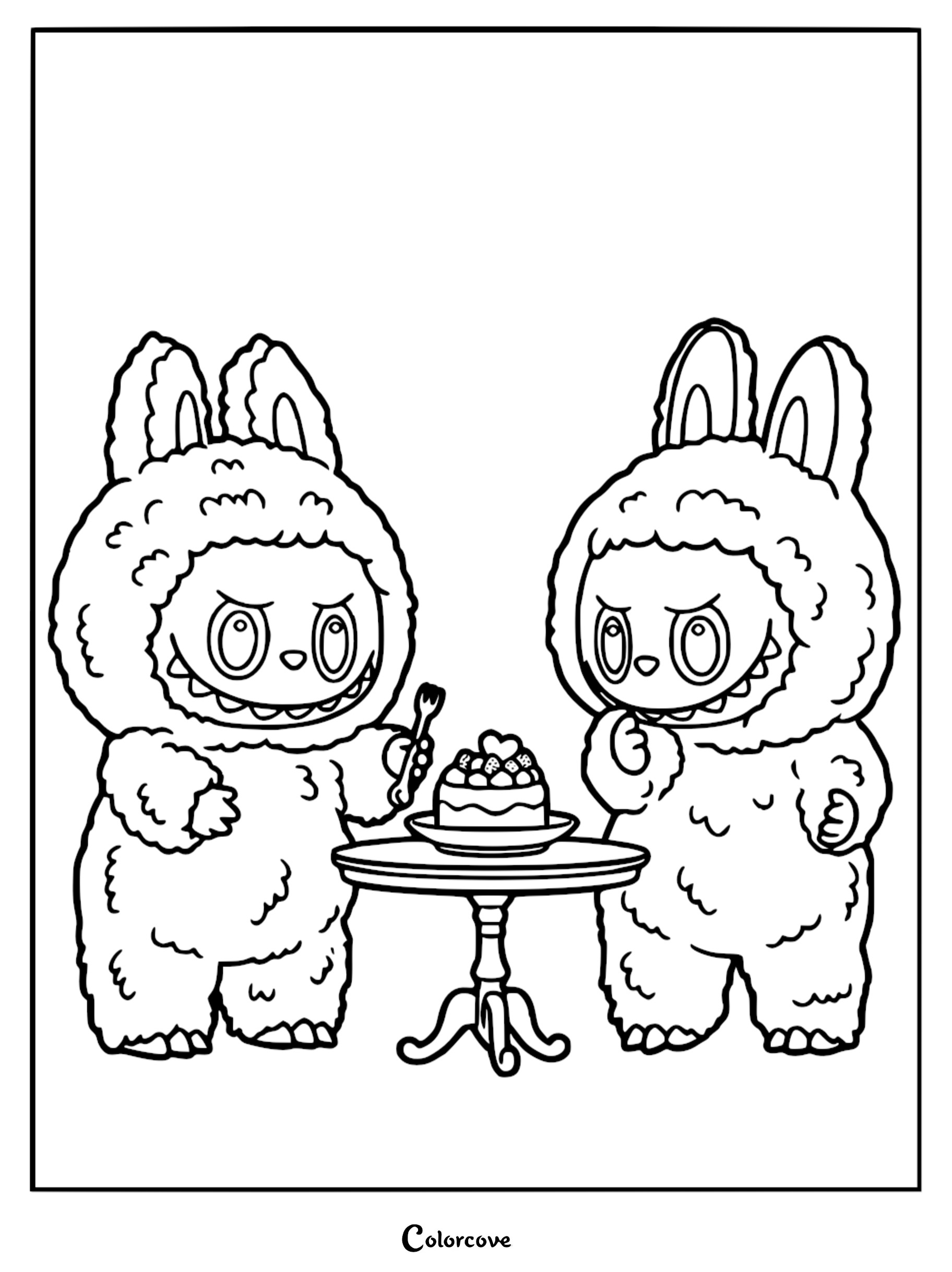 Labubu and Zimomo standing at a small table with a strawberry cake, line art coloring page style.