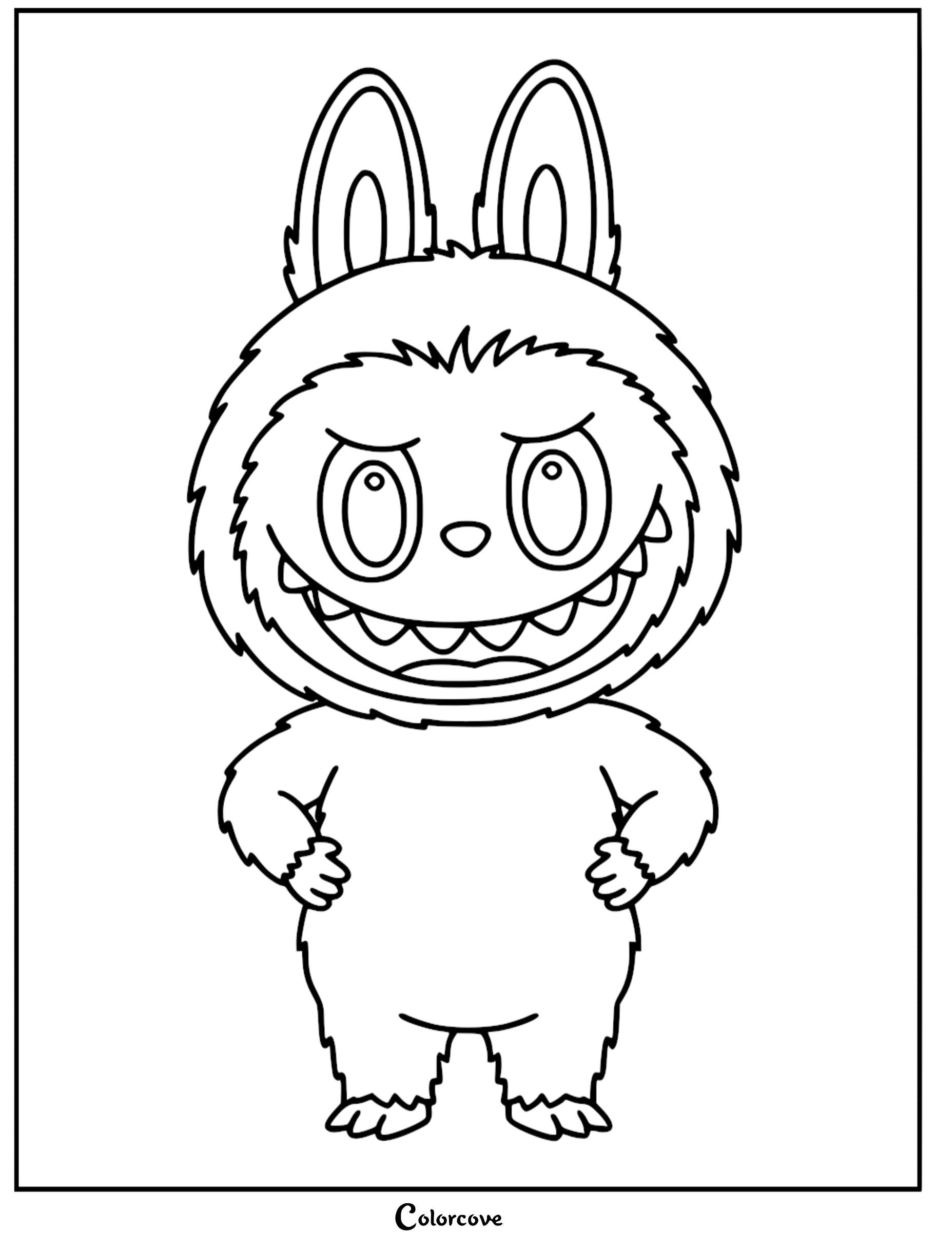 A printable coloring page featuring Labubu standing with hands on hips, showcasing her signature wide grin with nine sharp teeth, large ears, and furry body.