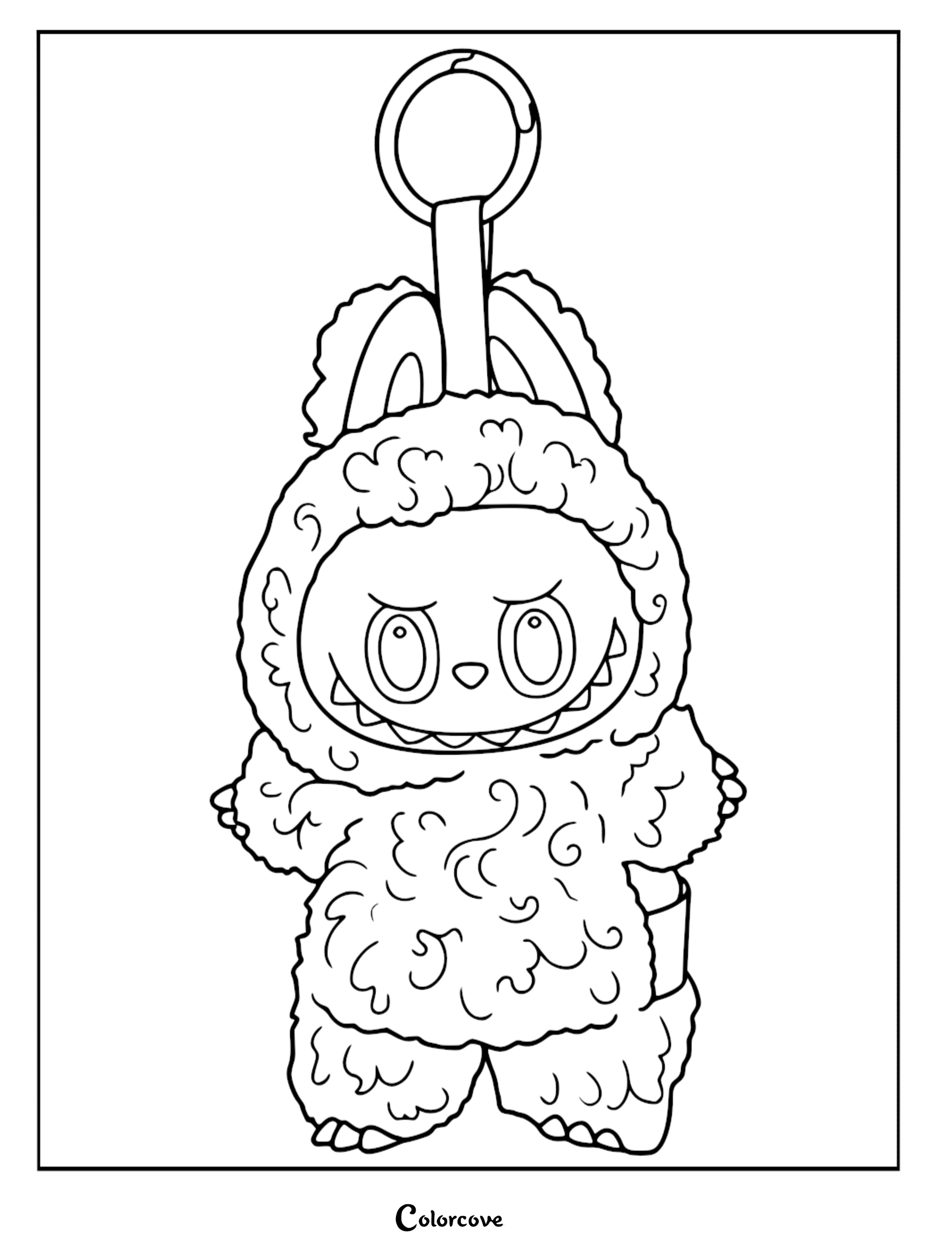 A black and white coloring page of Labubu as a plush keychain, featuring her signature furry body, large ears, and mischievous grin with sharp teeth, hanging from a circular ring.