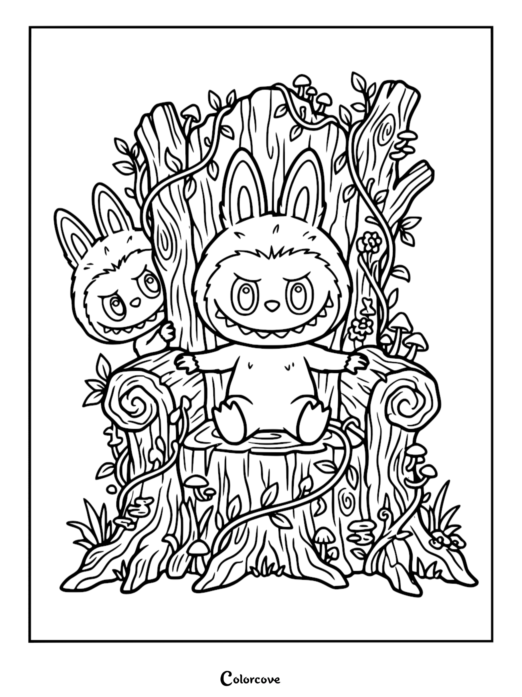 Labubu sitting on a large tree stump throne with Zimomo peeking from behind in this printable coloring page featuring The Monsters characters.