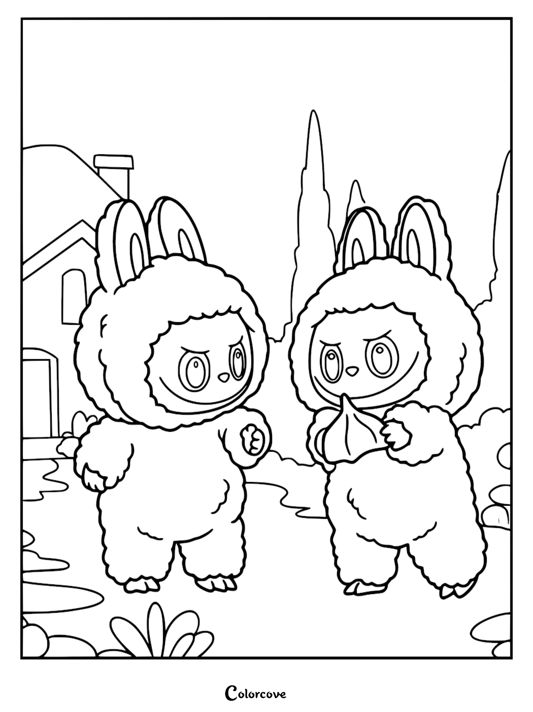 A printable coloring page featuring Labubu and Zimomo standing outside a house, with Zimomo holding a small pointed object.