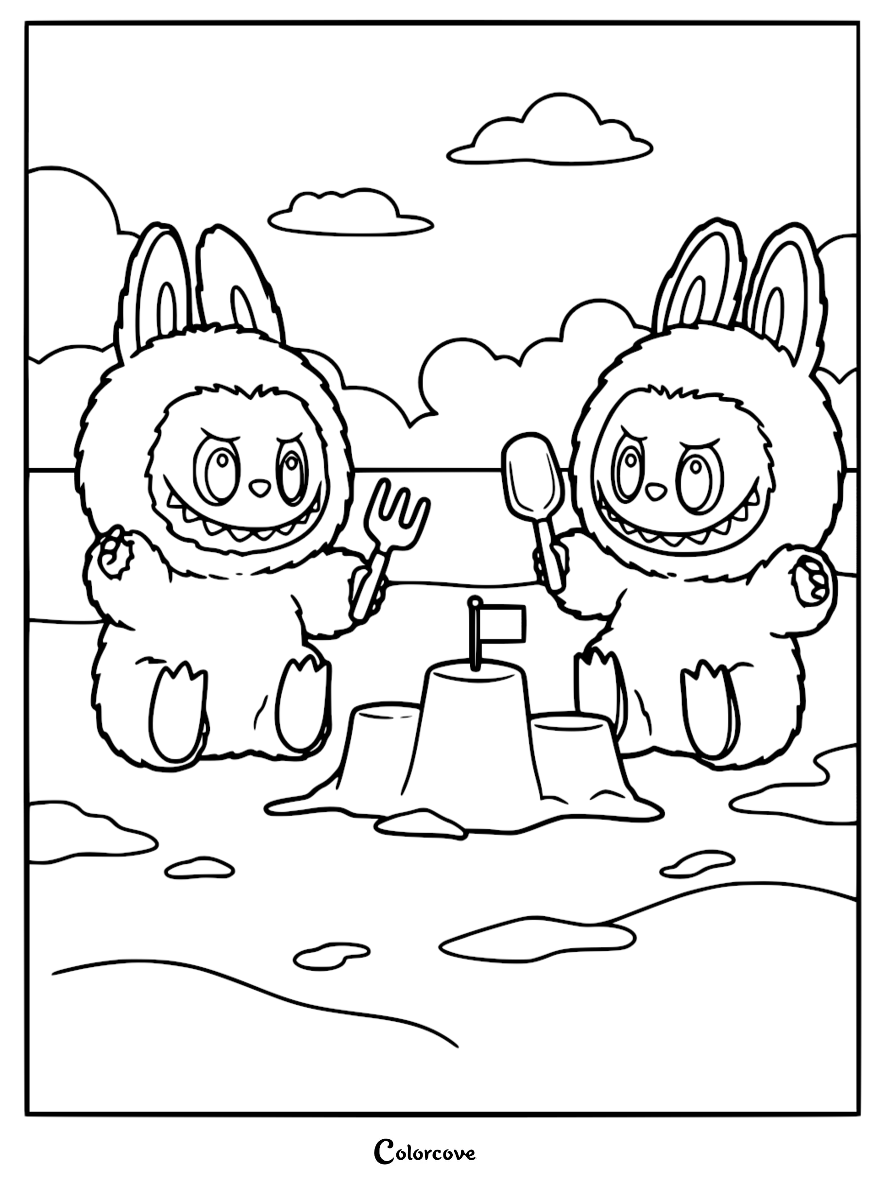 Labubu and Zimomo building a sandcastle on a beach coloring page with shovels and a flag.