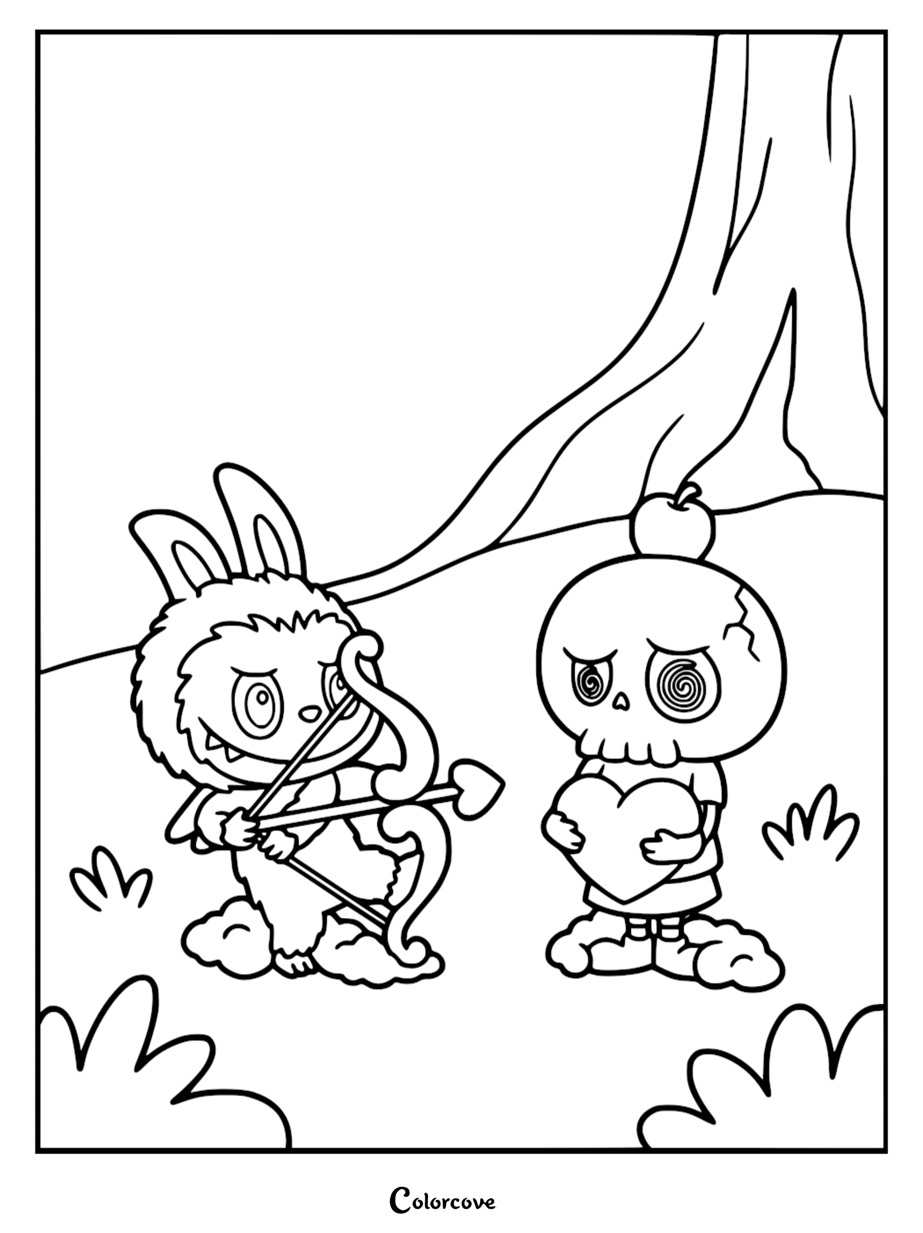 Labubu holding a heart-tipped bow and arrow aiming at Tycoco who is holding a heart in a forest setting, printable coloring page.