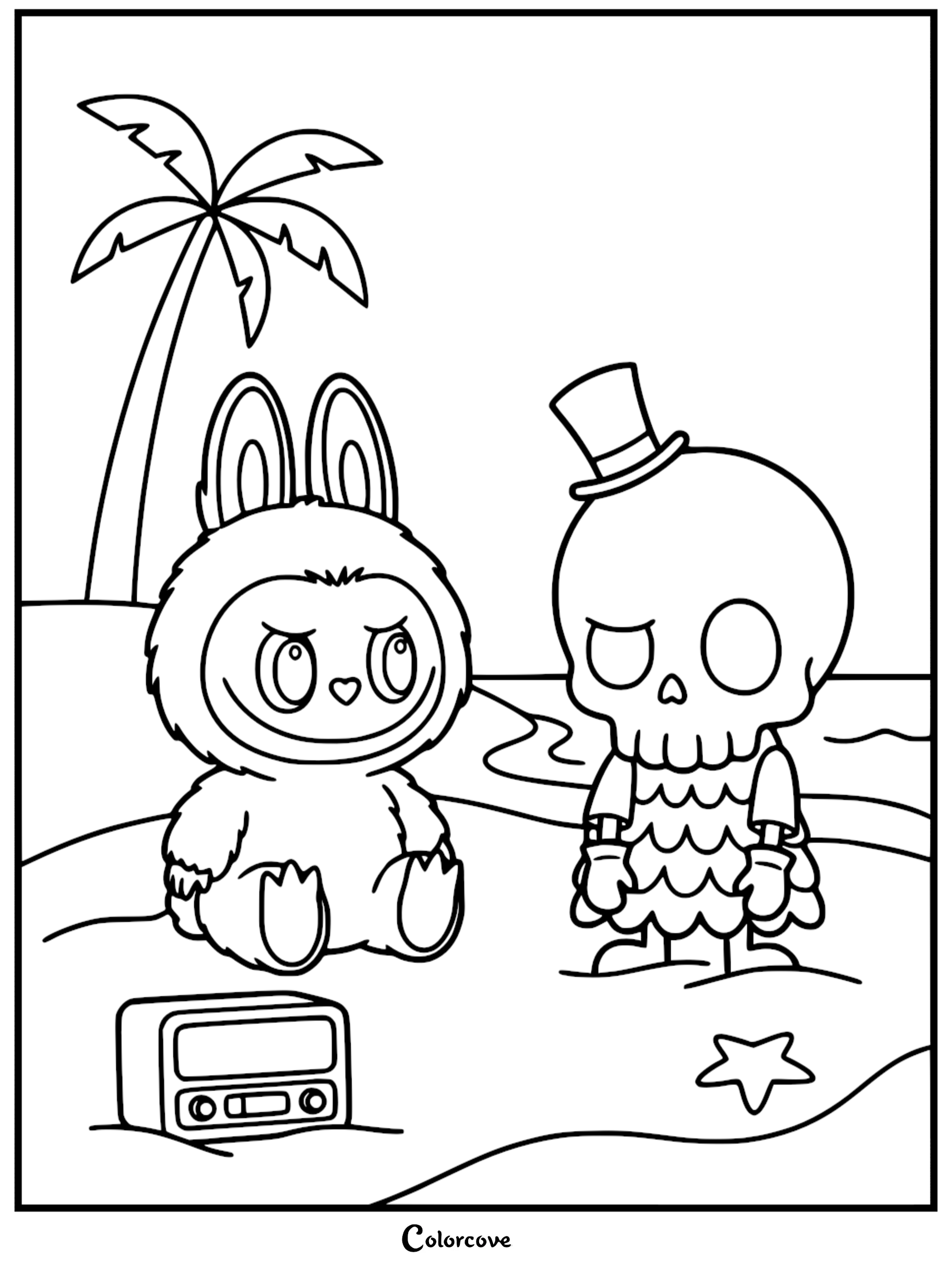 Labubu sitting next to Tycoco wearing a top hat on a sandy beach with a palm tree and radio in this printable coloring page.