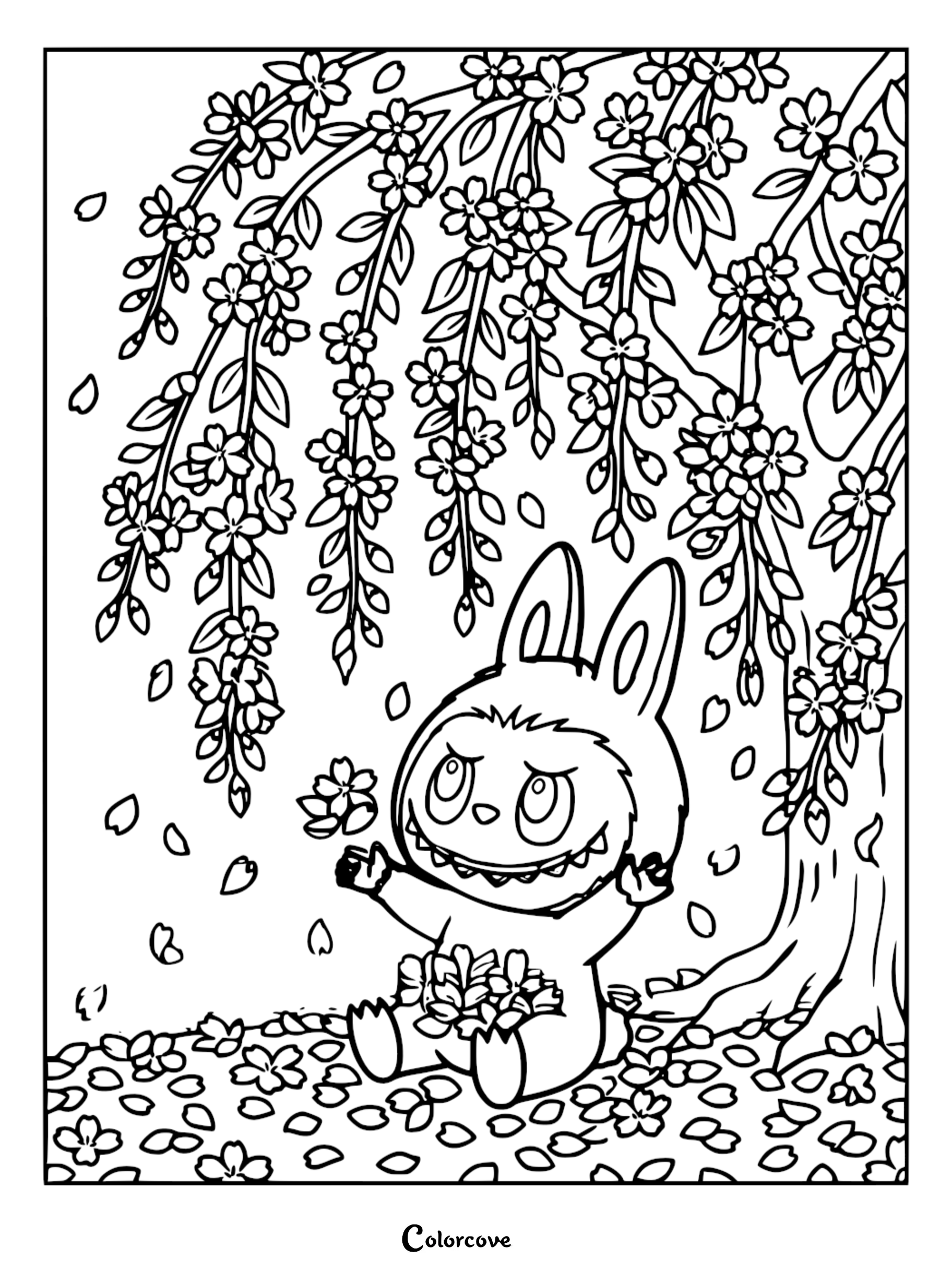 Labubu sitting under a blooming cherry blossom tree, holding flowers, printable coloring page with falling petals.