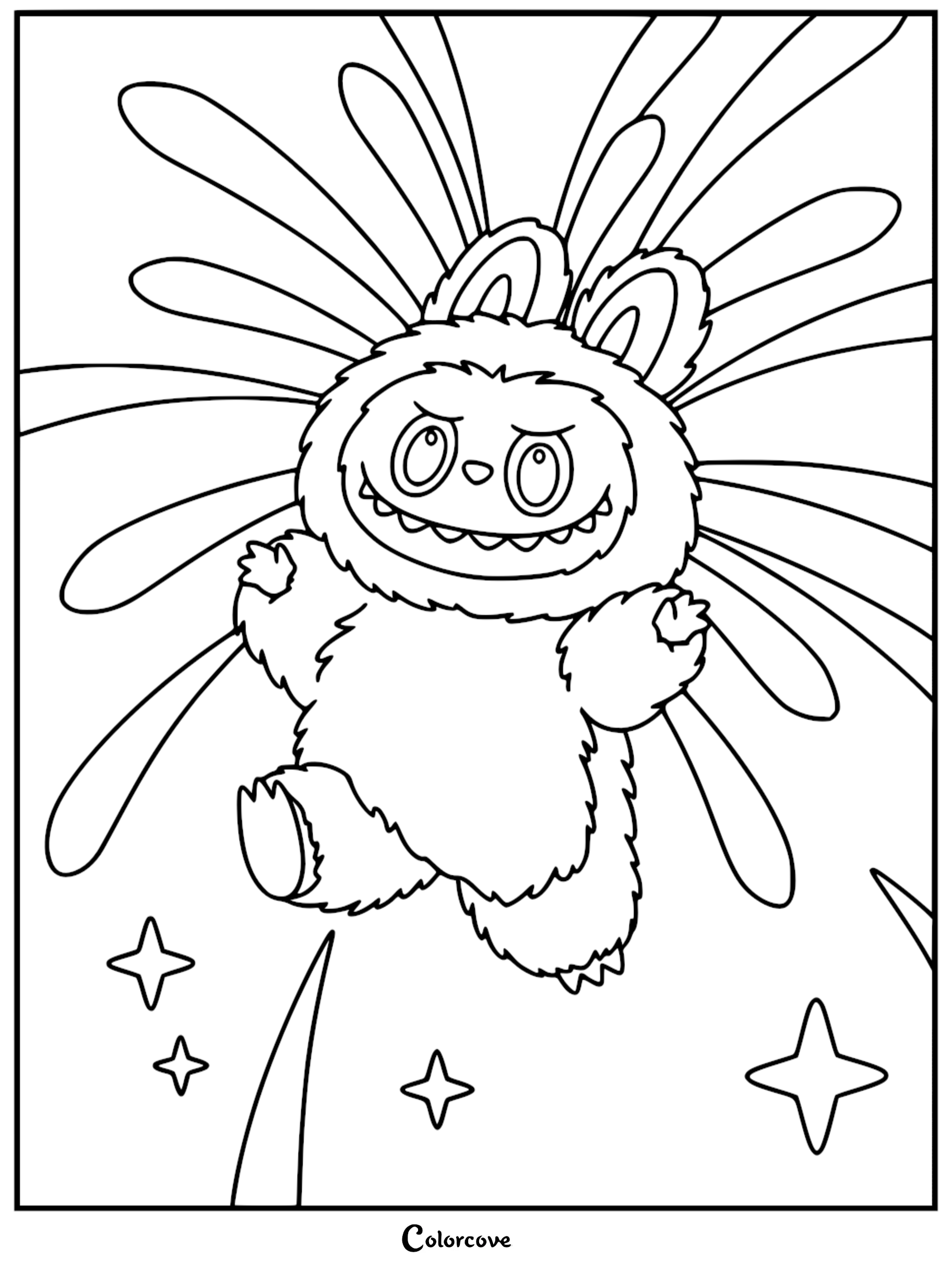 Labubu with her signature nine sharp teeth grin floating in the air surrounded by radiating light rays and sparkling stars in this printable coloring page.