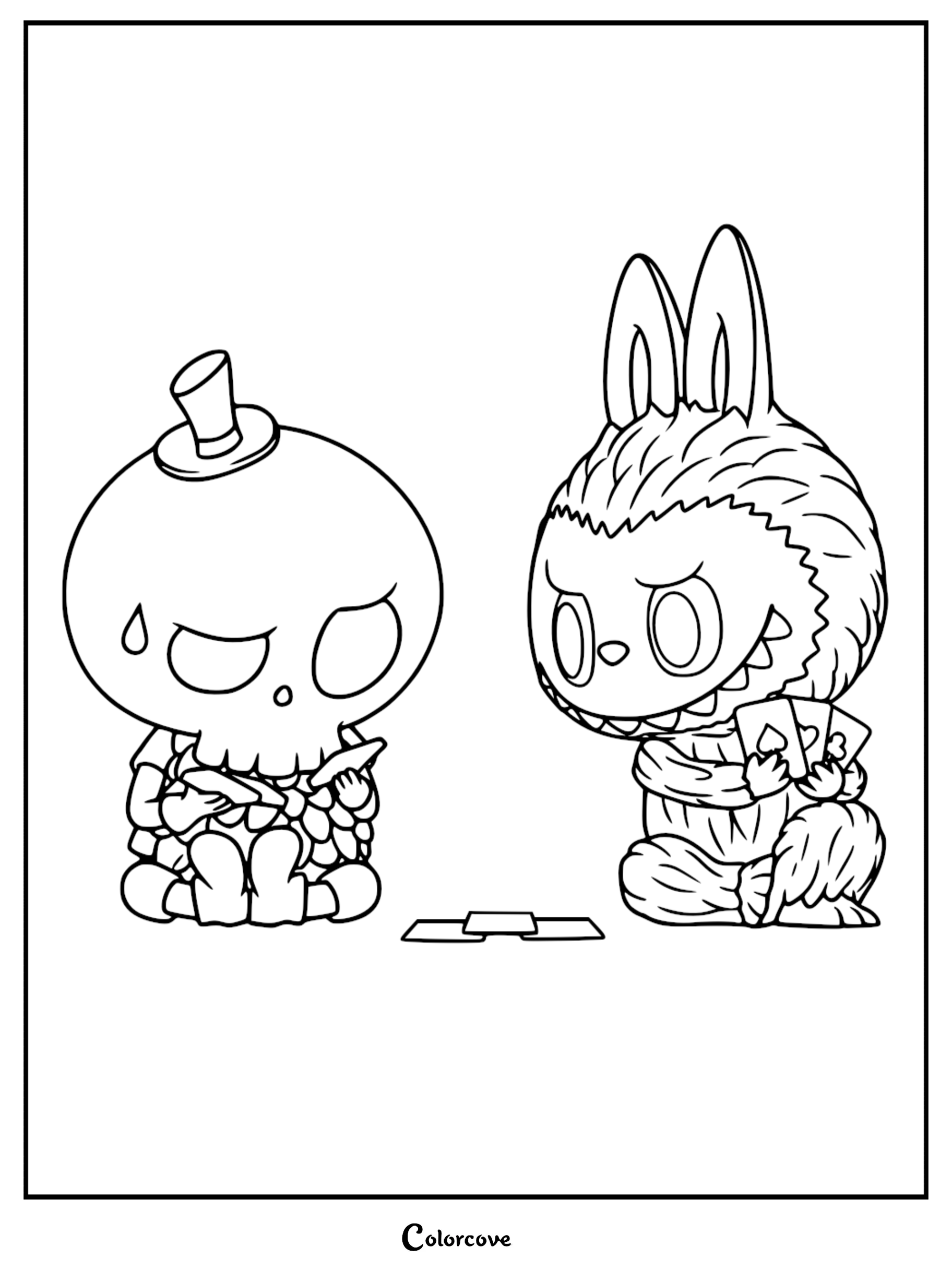 Labubu with nine sharp teeth and Tycoco wearing a small top hat sitting on the floor playing a card game in this printable coloring page.