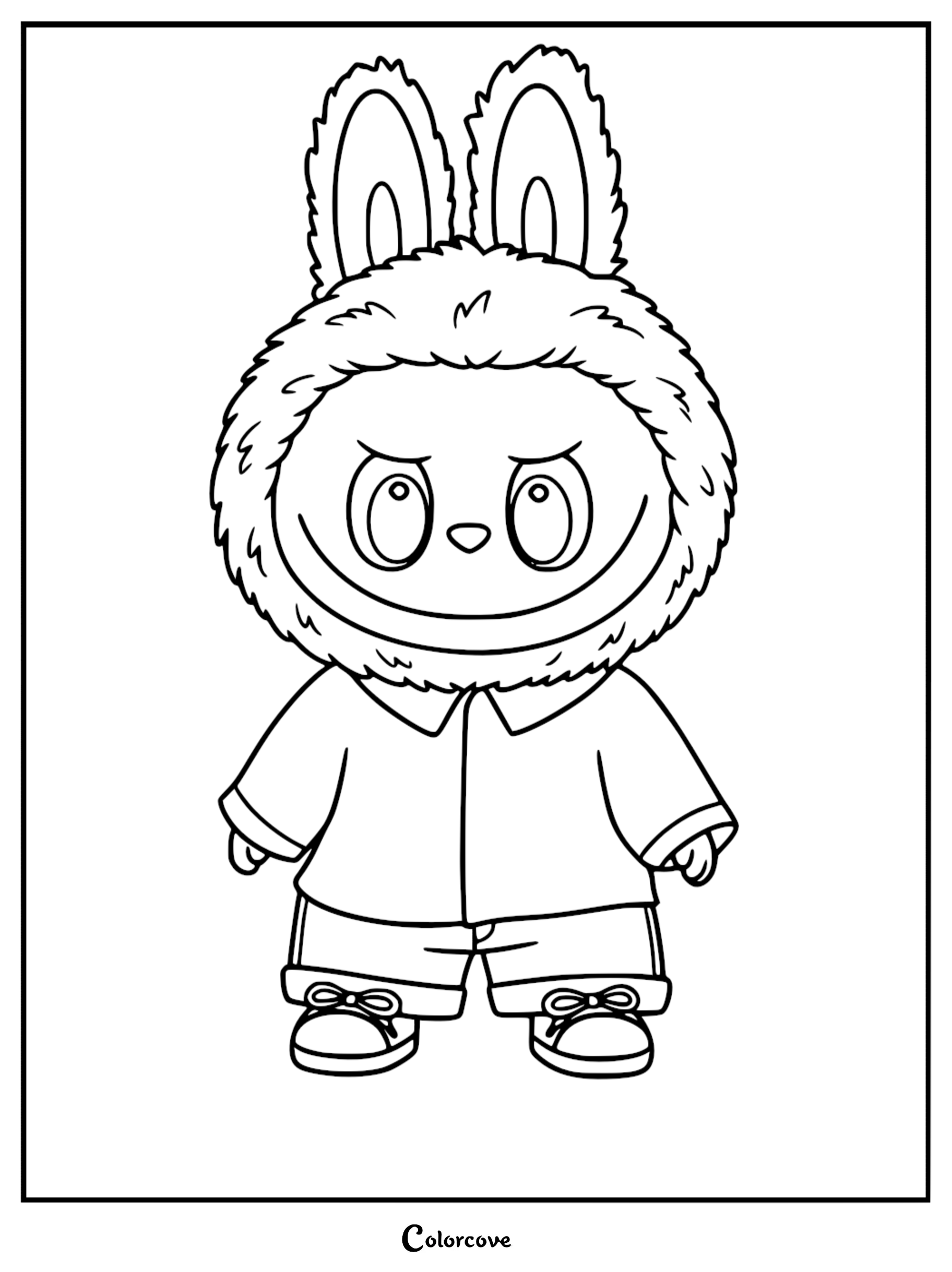 A printable coloring page featuring Labubu with large ears and a wide grin, wearing a button-down jacket, pants, and sneakers.