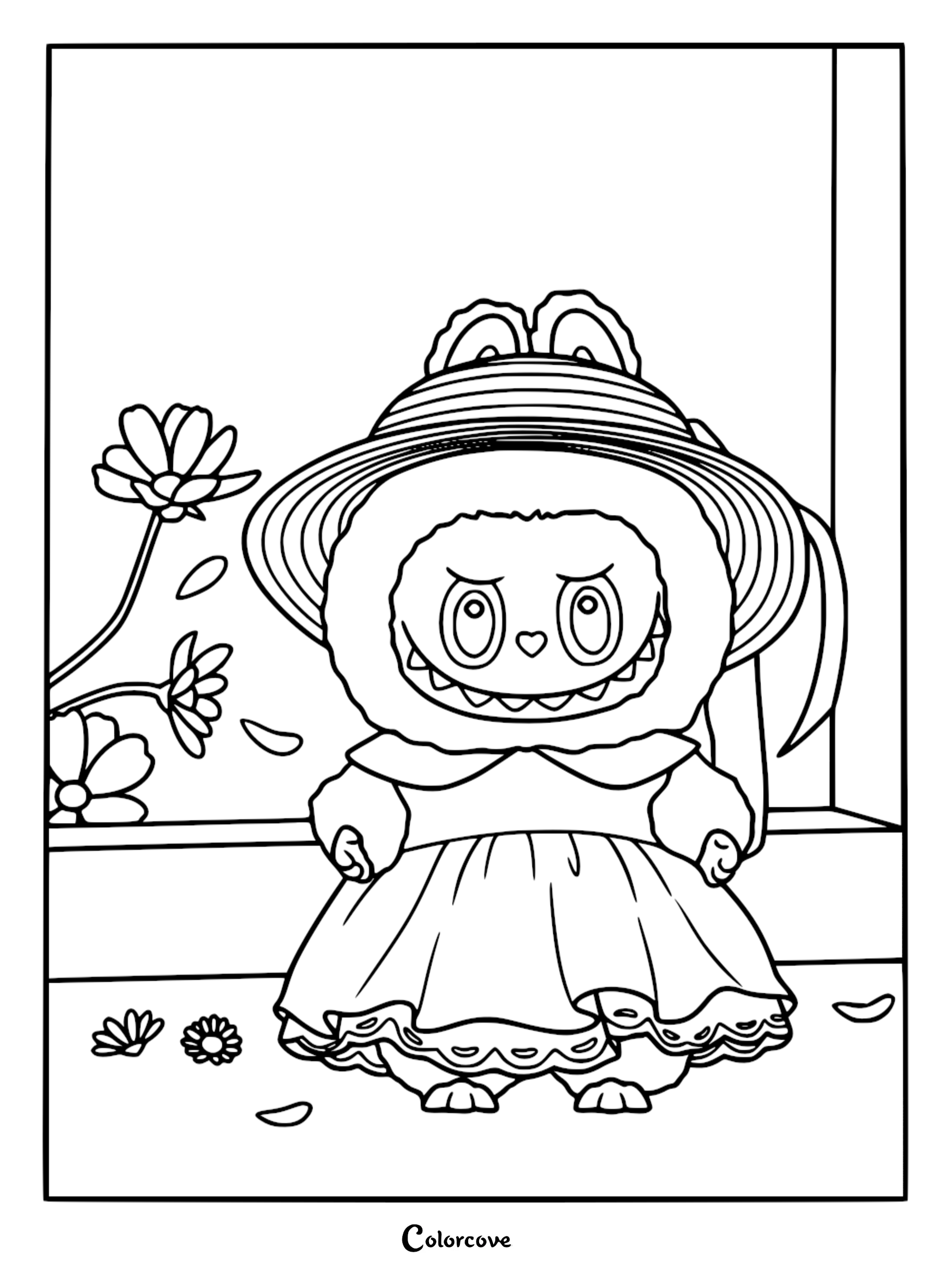 Labubu wearing a wide-brimmed sun hat and a frilly dress, standing next to flowers in a garden, printable coloring page.