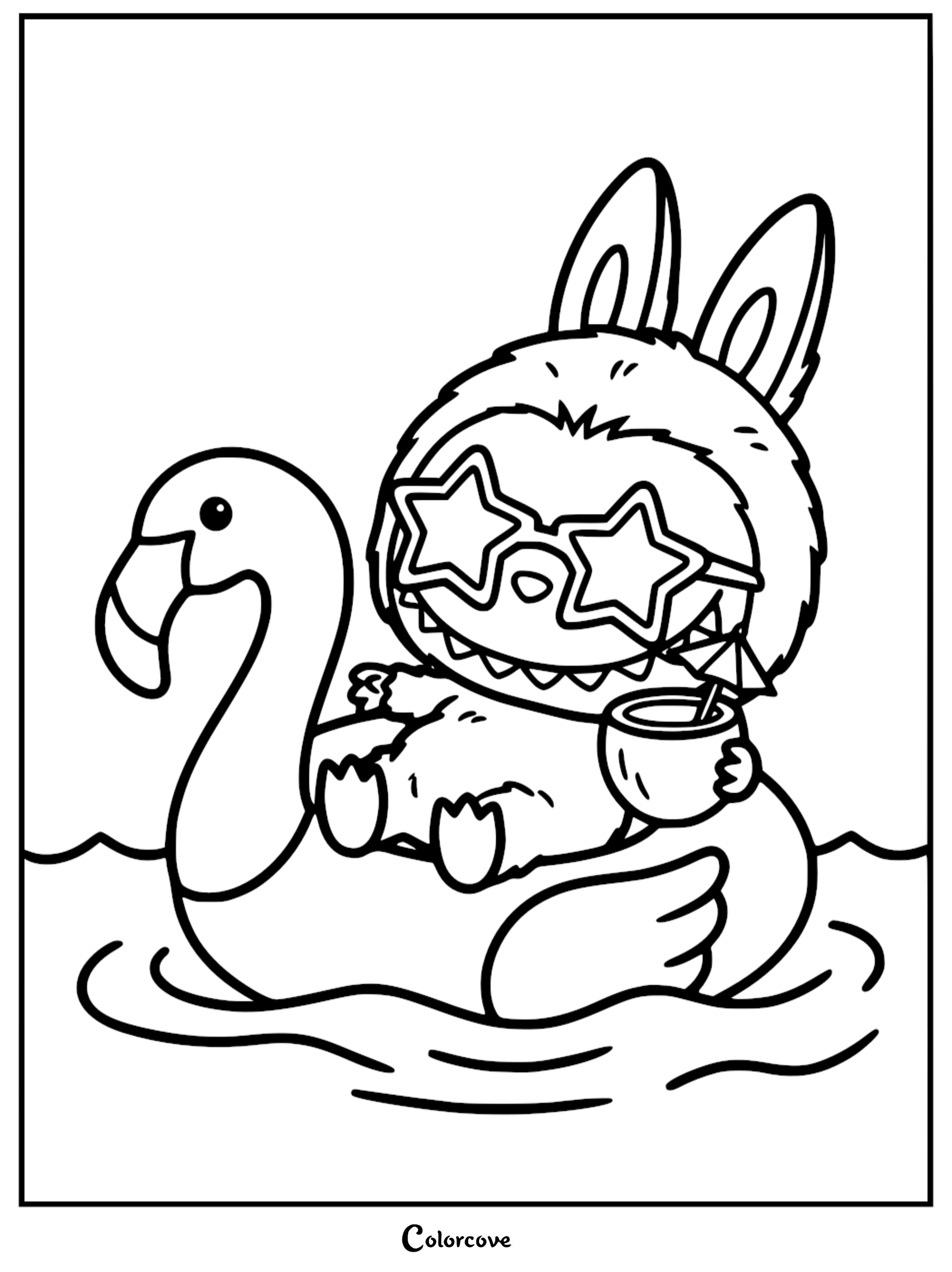 Labubu wearing star-shaped sunglasses and holding a tropical drink while floating on a flamingo pool float, printable coloring page.