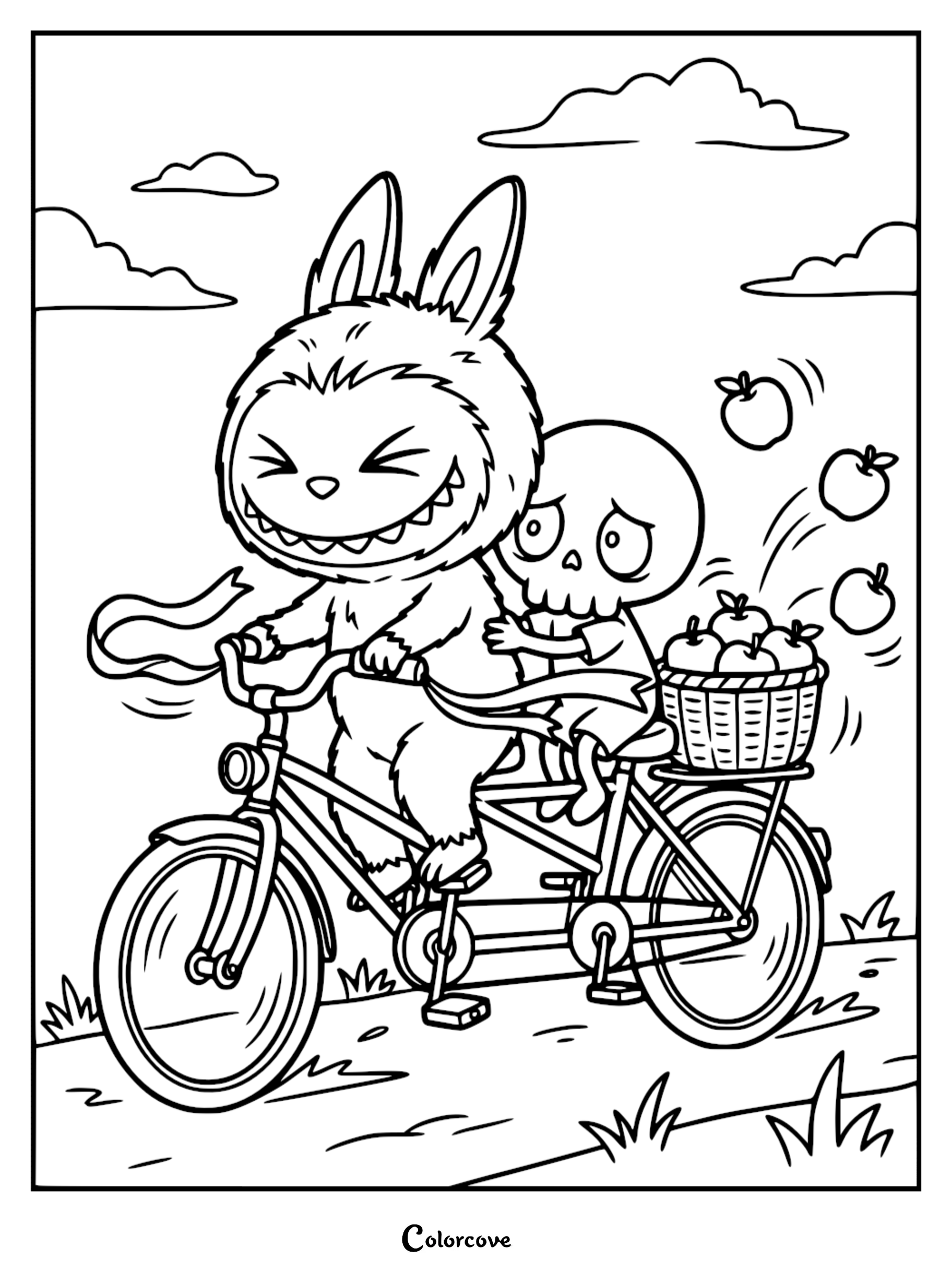 Labubu and Tycoco riding a tandem bicycle with a basket of apples, printable coloring page.