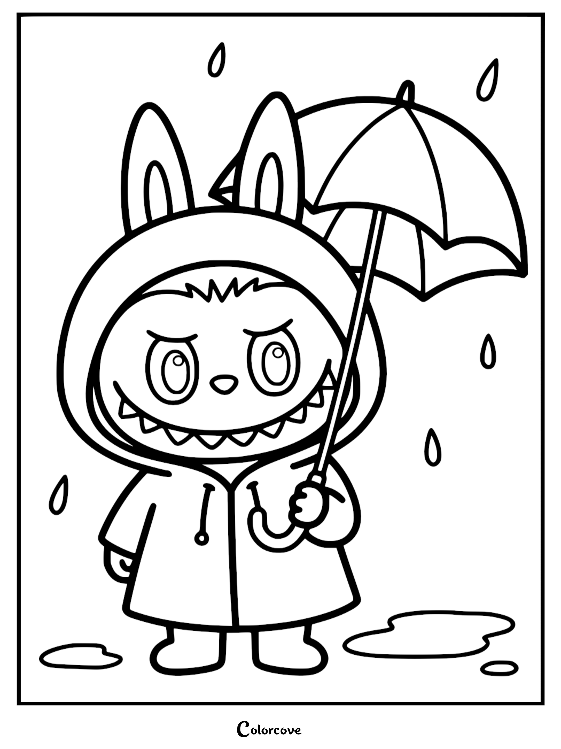 Labubu wearing a hooded raincoat and holding an umbrella during a rainstorm, printable coloring page.