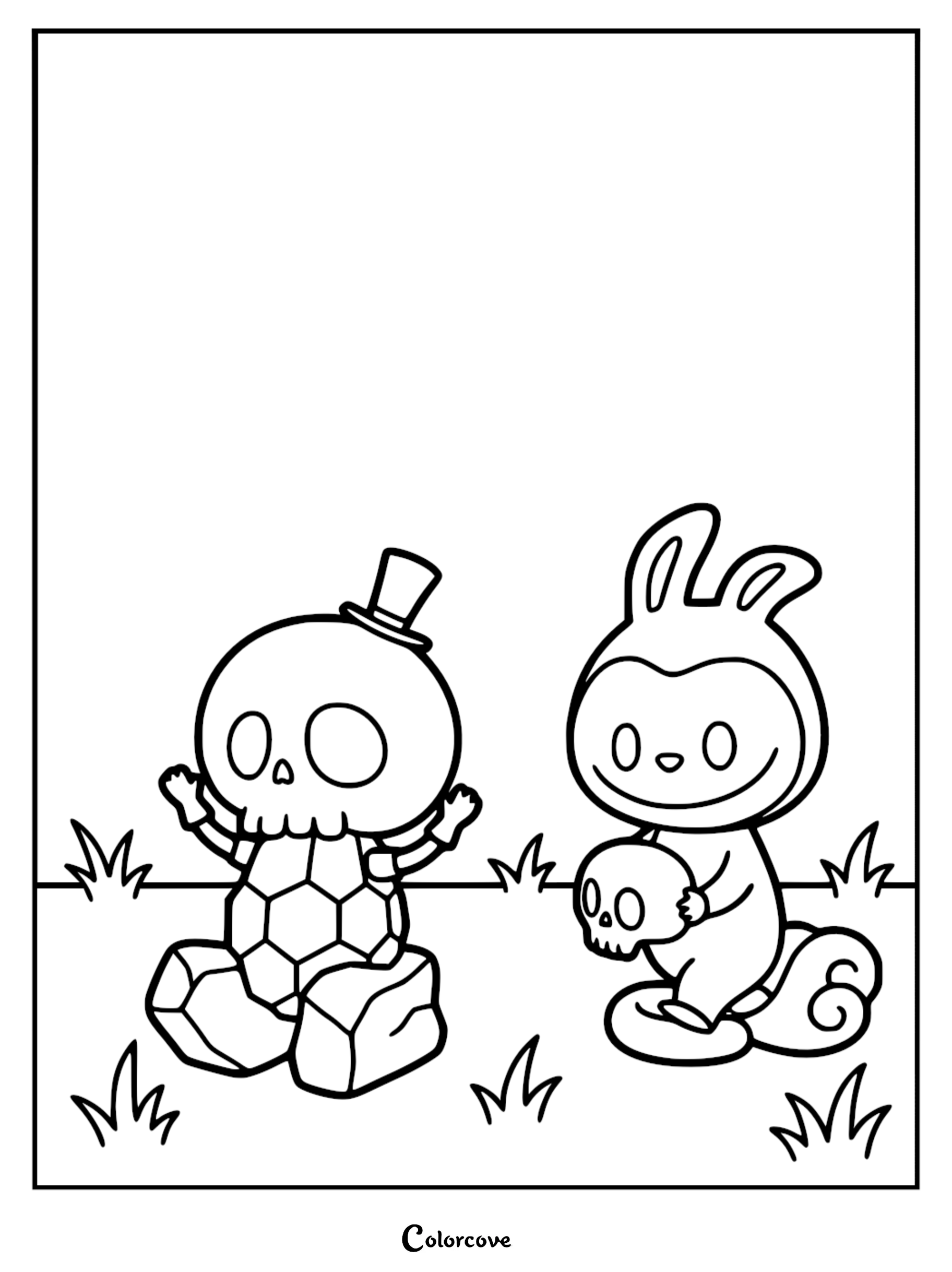 A printable coloring page featuring Tycoco wearing a top hat and sitting on a rock, while Labubu stands nearby holding a small skull in a grassy field.