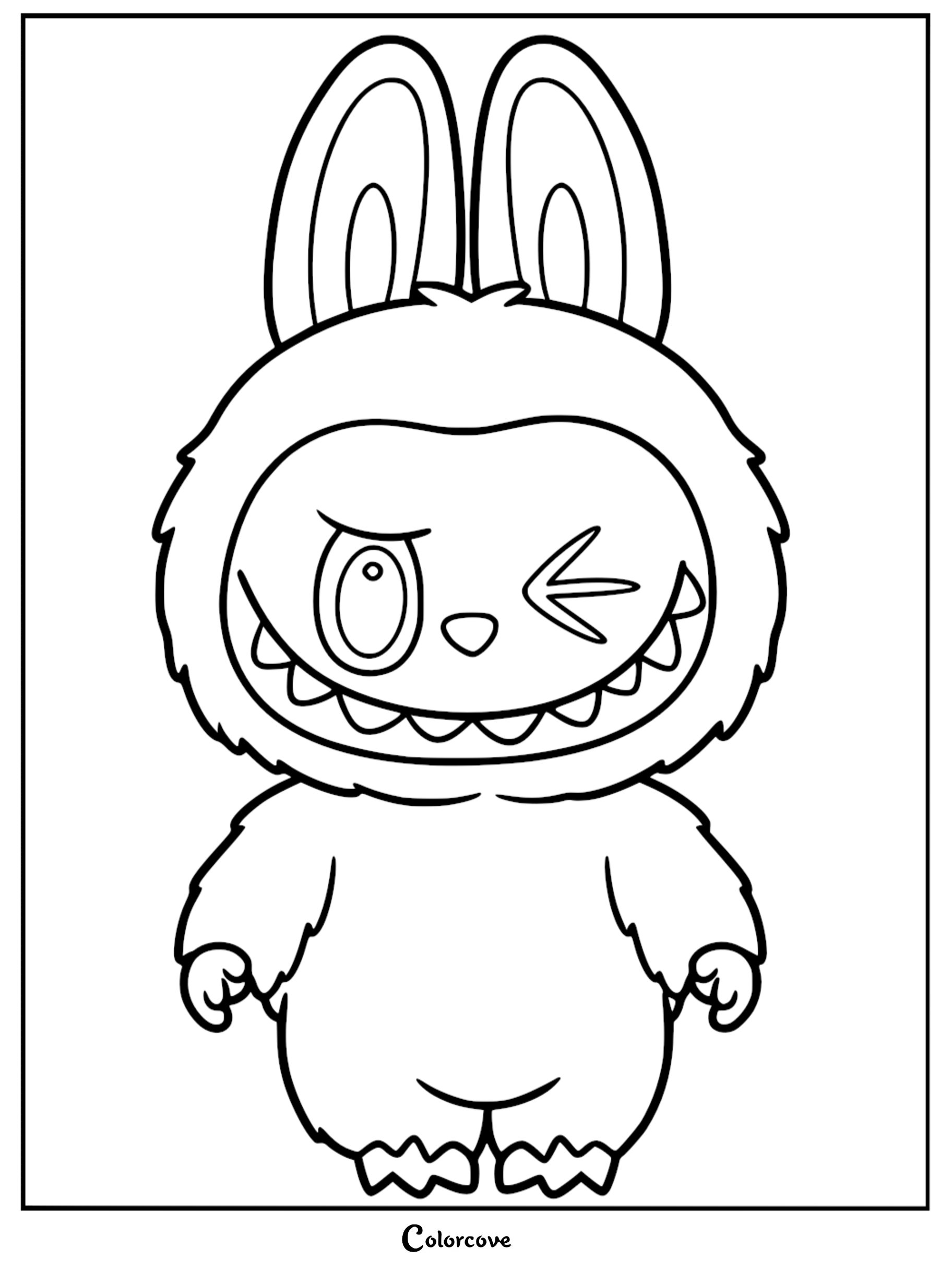 Labubu with large ears and a wide grin winking one eye on a printable coloring page.