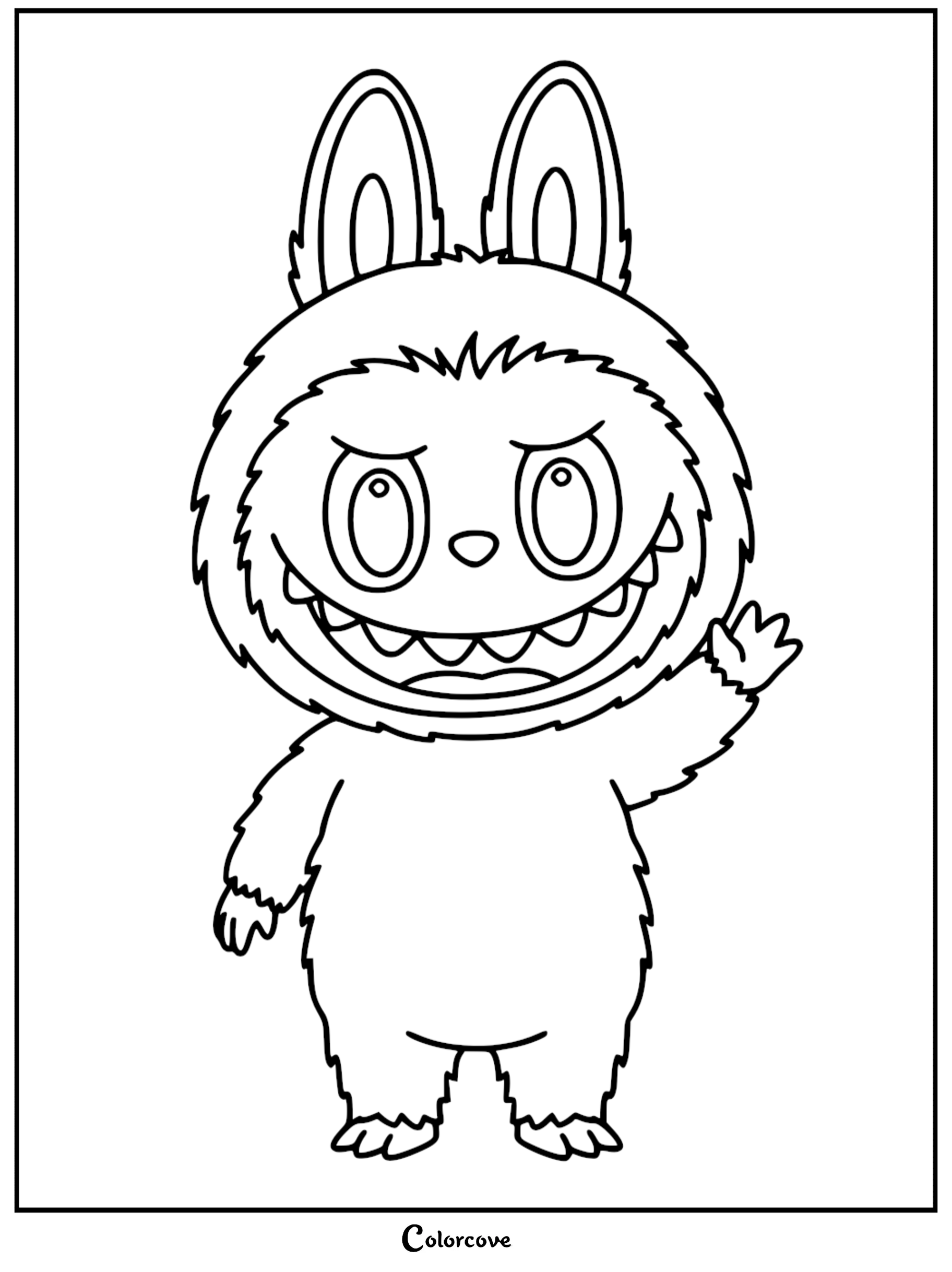 Labubu with large ears and a wide grin showing nine teeth waving hello in this printable coloring page.