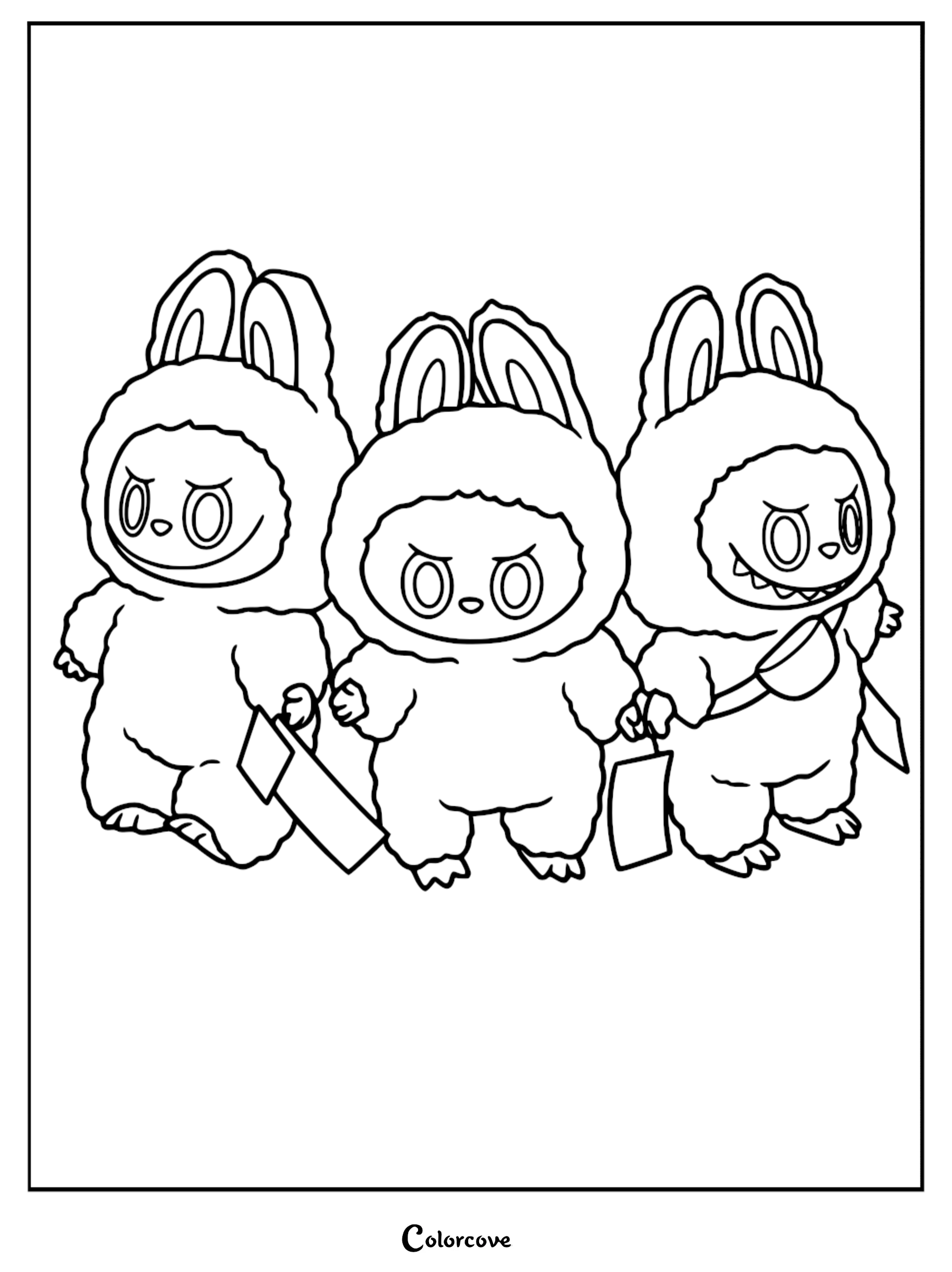 A printable coloring page featuring Labubu and two companions standing side-by-side, with Labubu on the right displaying her signature nine teeth and a crossbody bag.