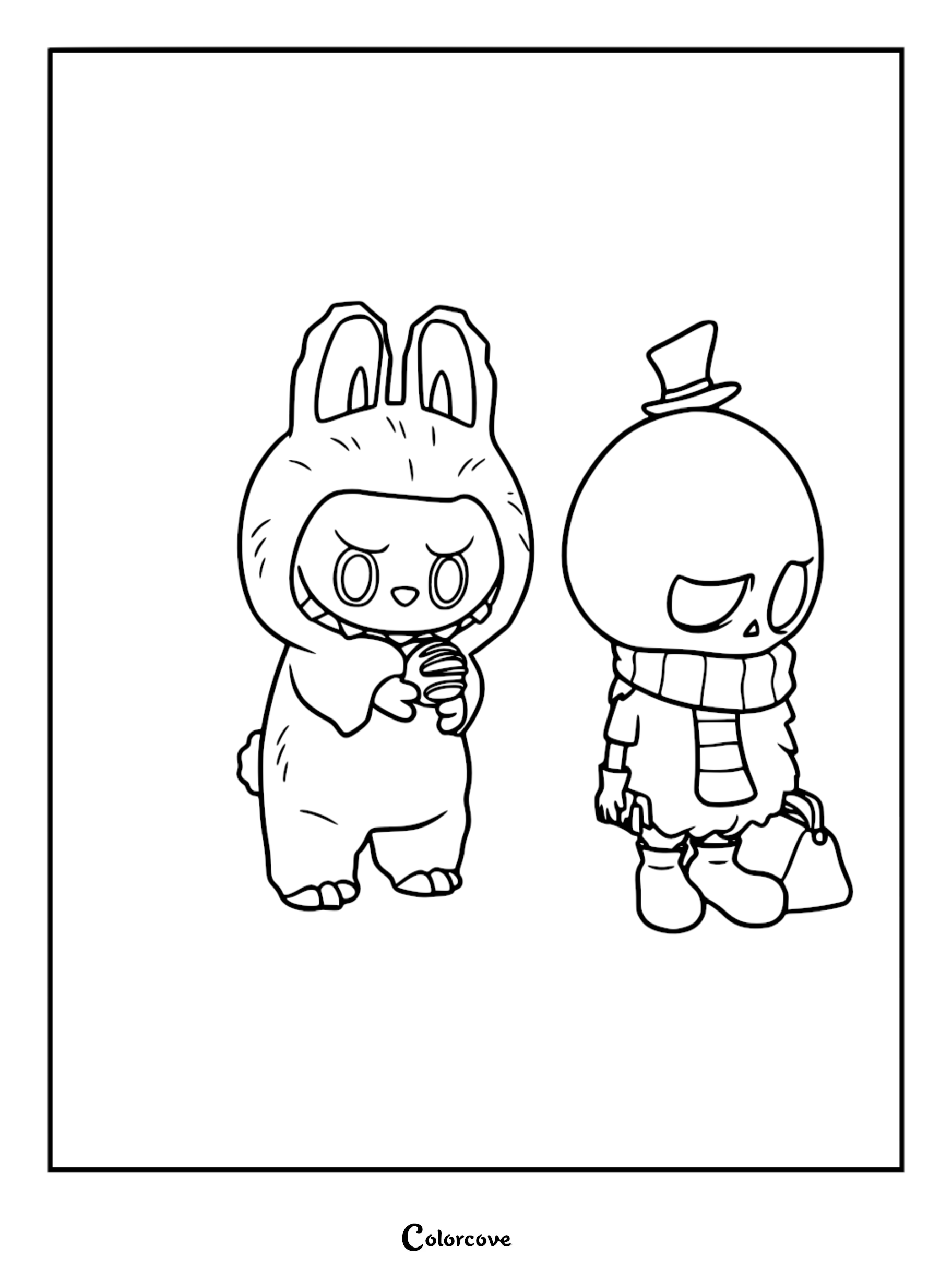 Labubu wearing a bunny hood and Tycoco wearing a top hat and scarf in a printable coloring page.