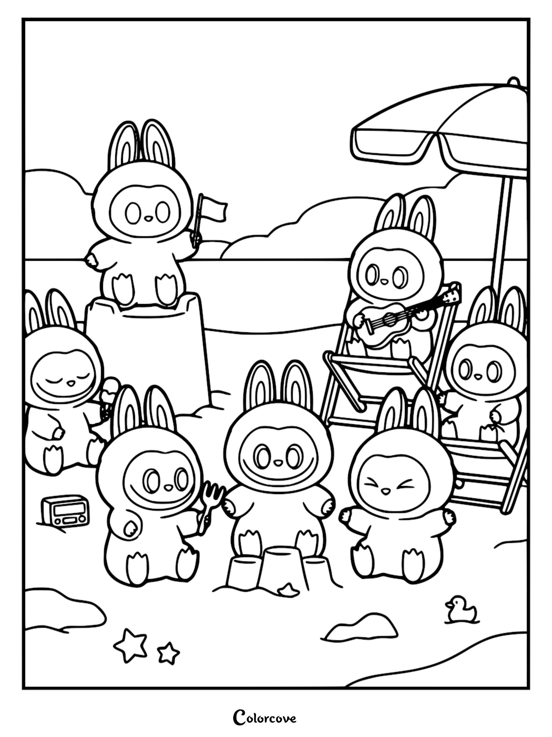 A printable coloring page featuring Labubu and friends playing on a sandy beach with sandcastles, a ukulele, and a beach umbrella.