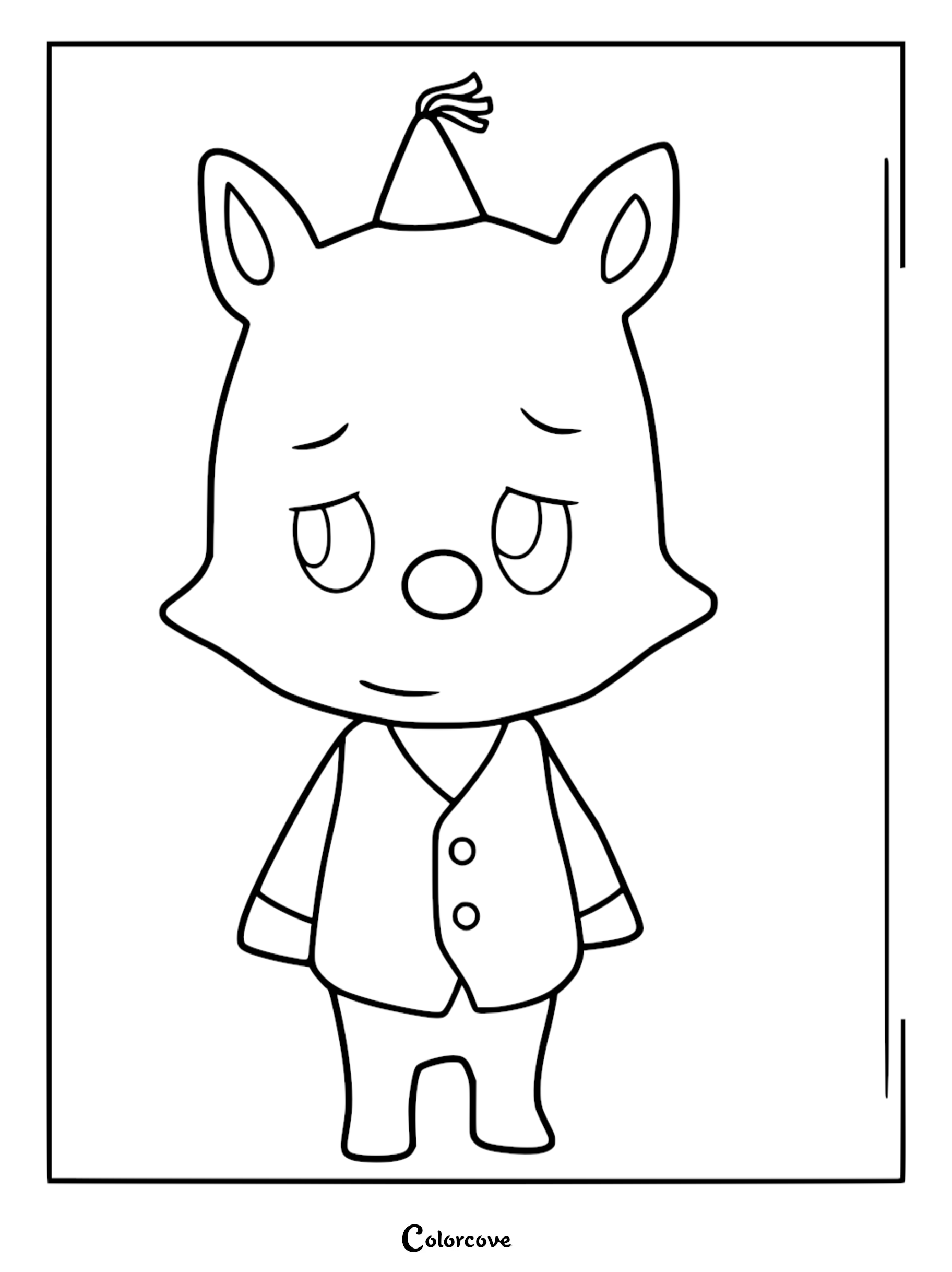 A printable coloring page featuring Pippo from The Monsters, wearing a small party hat and a buttoned vest, standing in a simple pose.