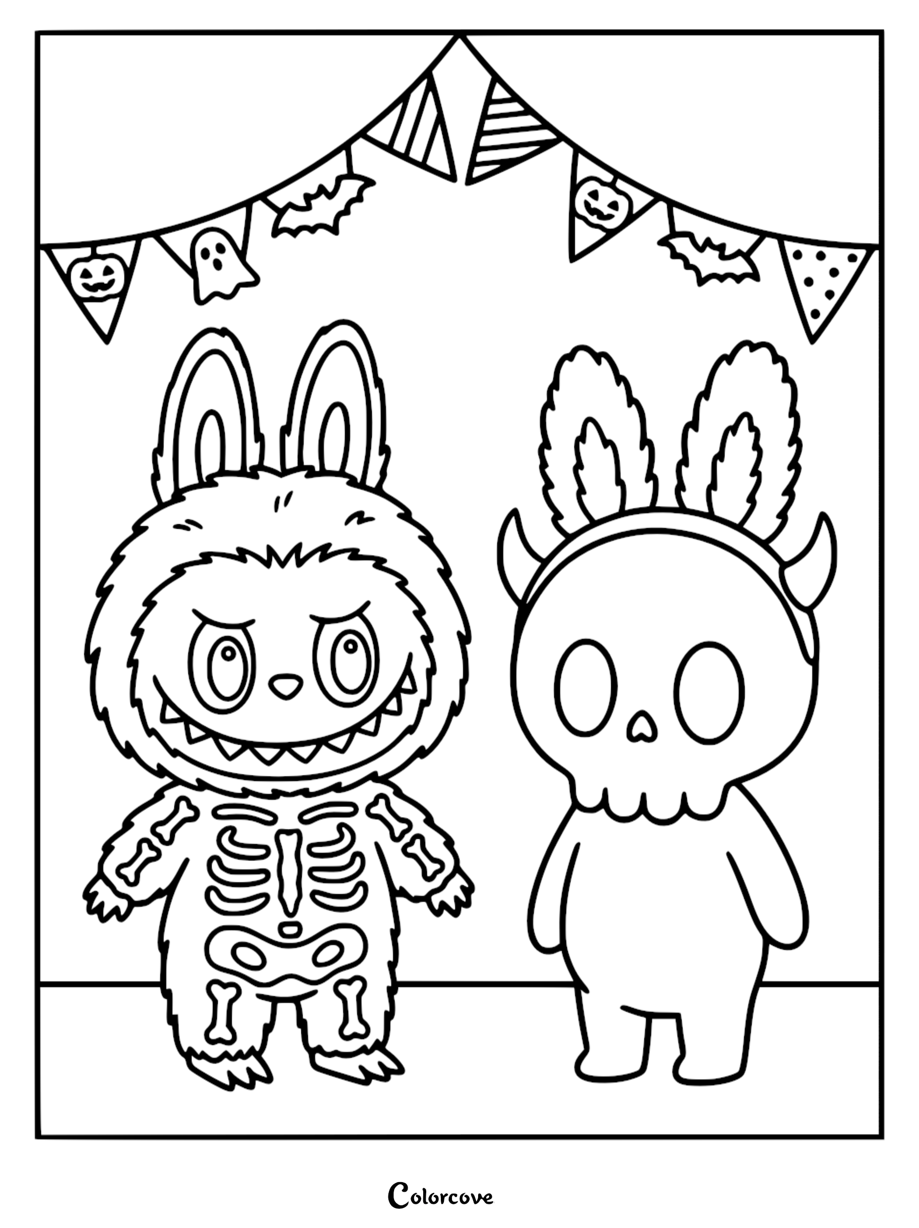 Labubu wearing a skeleton costume and Tycoco wearing bunny ears standing under Halloween bunting in this printable coloring page.