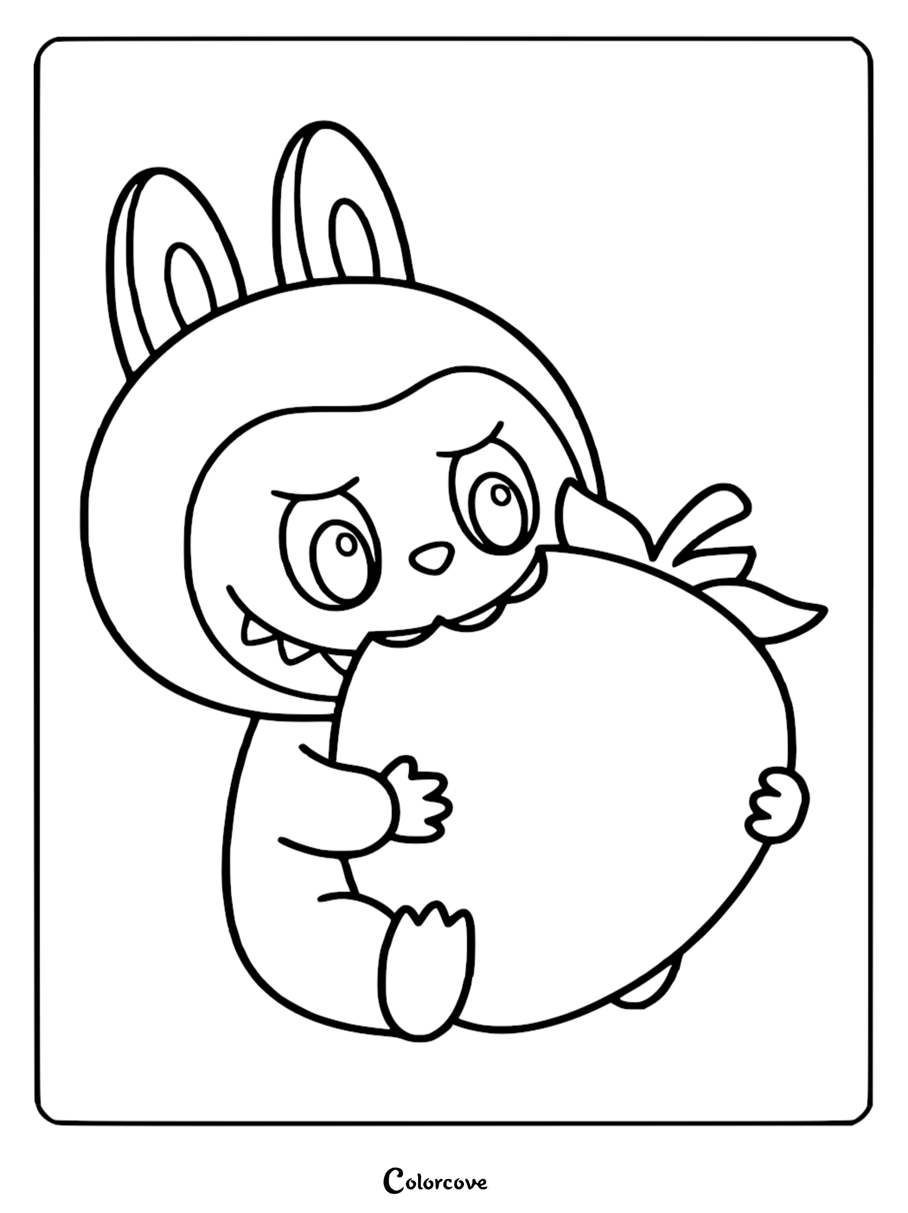 Labubu with large ears and a mischievous grin biting into a large strawberry in this printable coloring page.