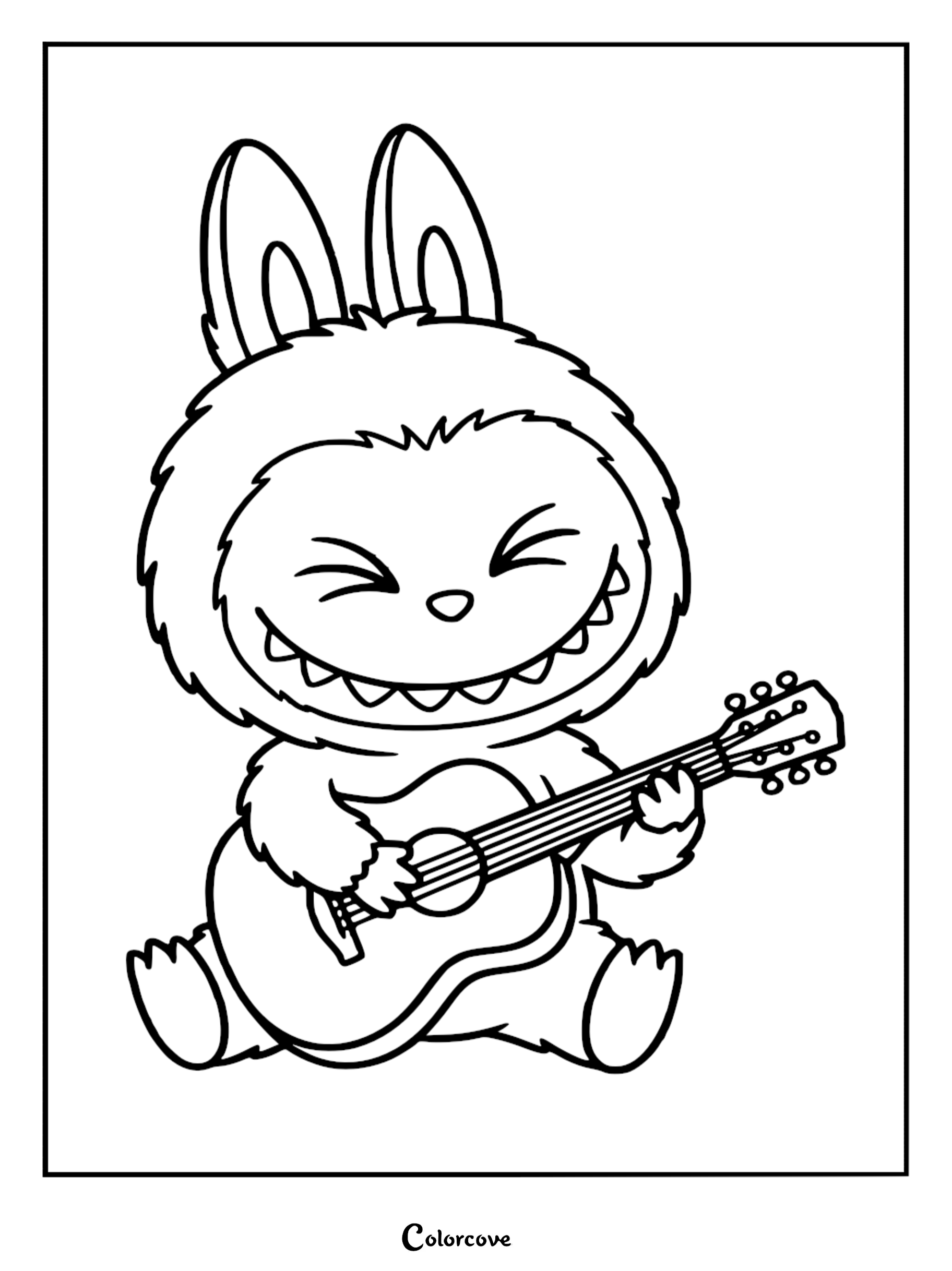 A printable coloring page featuring Labubu with her signature nine sharp teeth and wide grin, sitting down and happily playing an acoustic guitar.