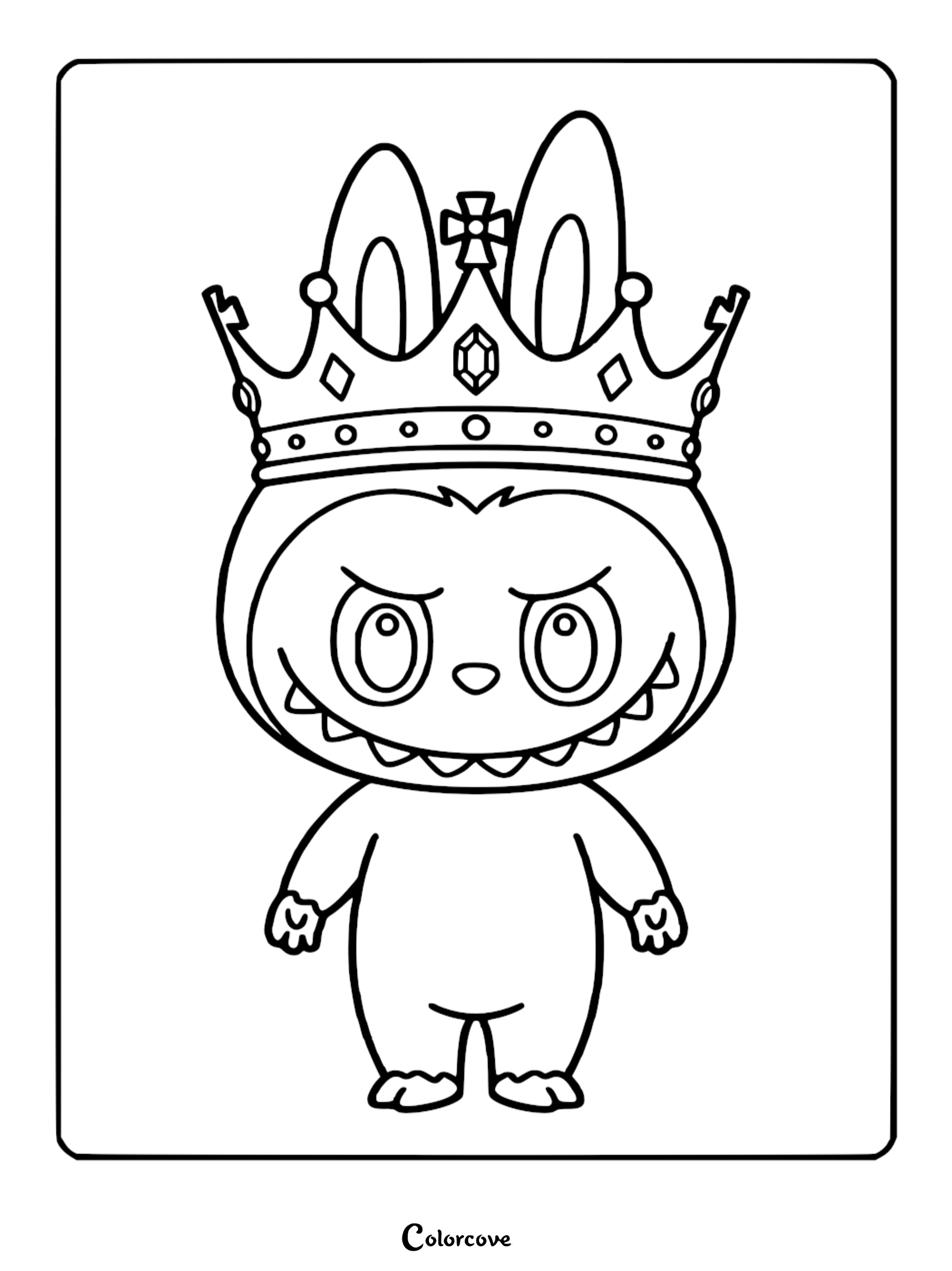 Labubu wearing a large ornate crown with a cross and gems, featuring her signature nine sharp teeth and wide ears, presented as a black and white line art coloring page.