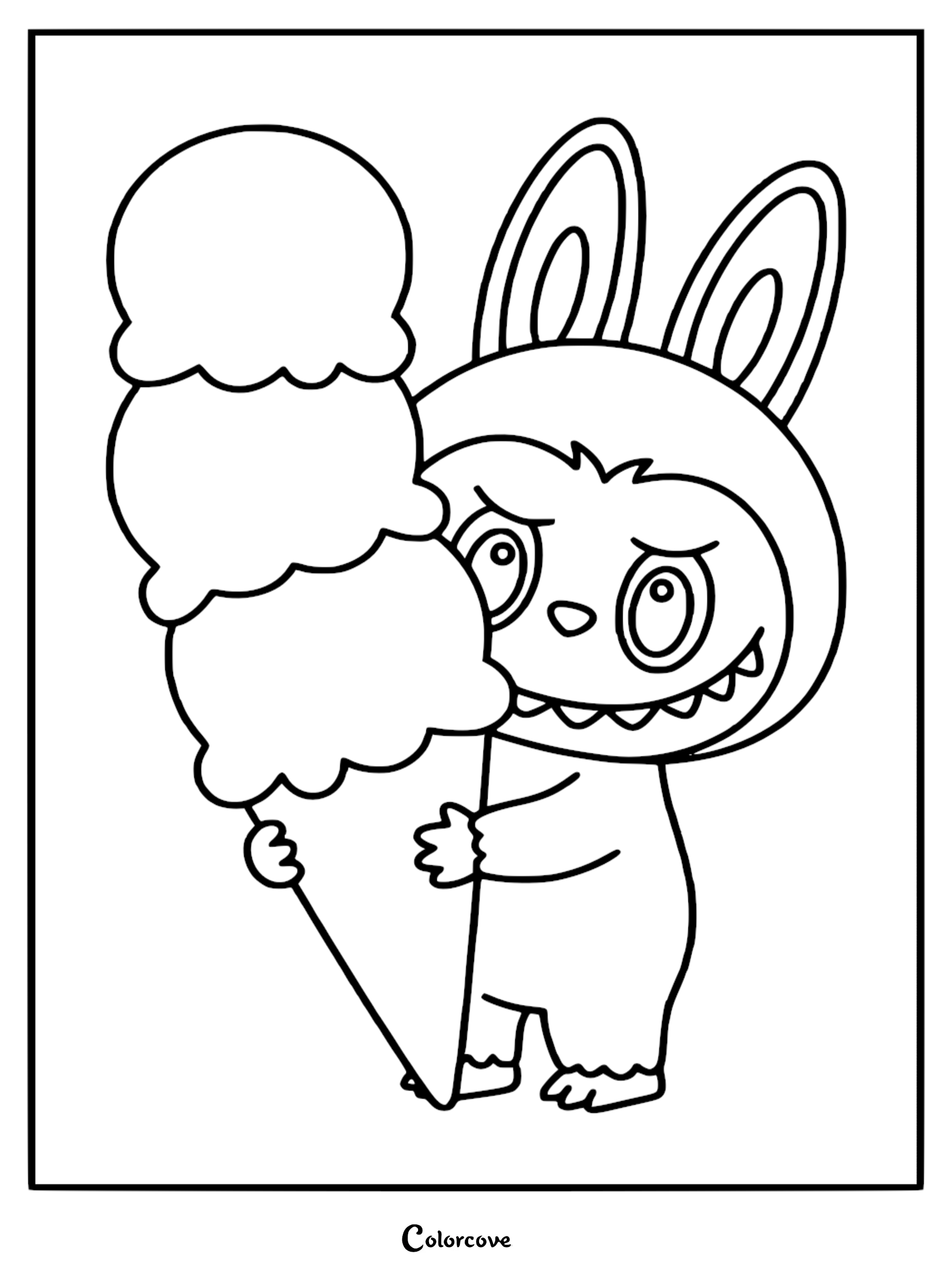 Labubu holding a giant triple scoop ice cream cone, featuring her signature nine sharp teeth and large ears, black and white coloring page.
