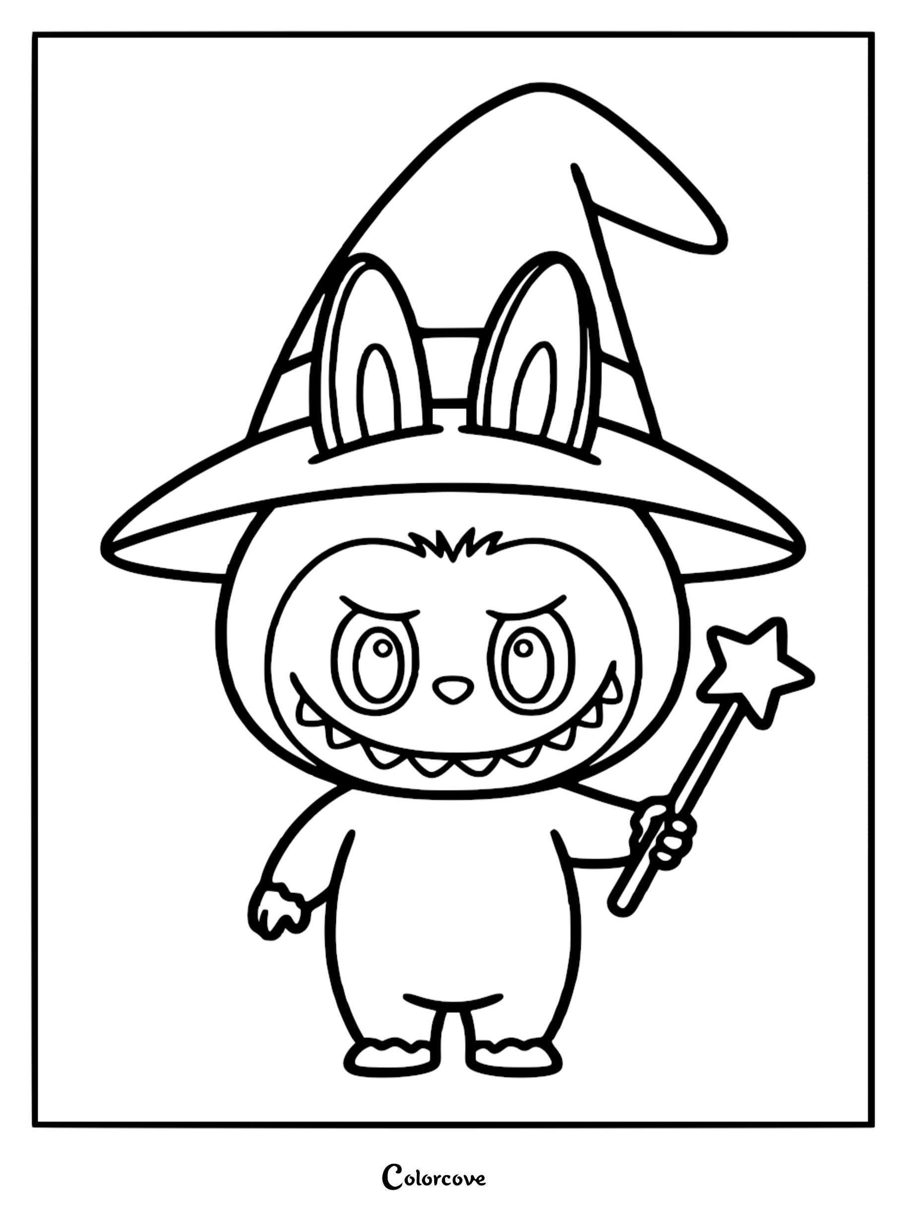 Labubu wearing a large pointed wizard hat and holding a star-tipped magic wand in a printable coloring page.
