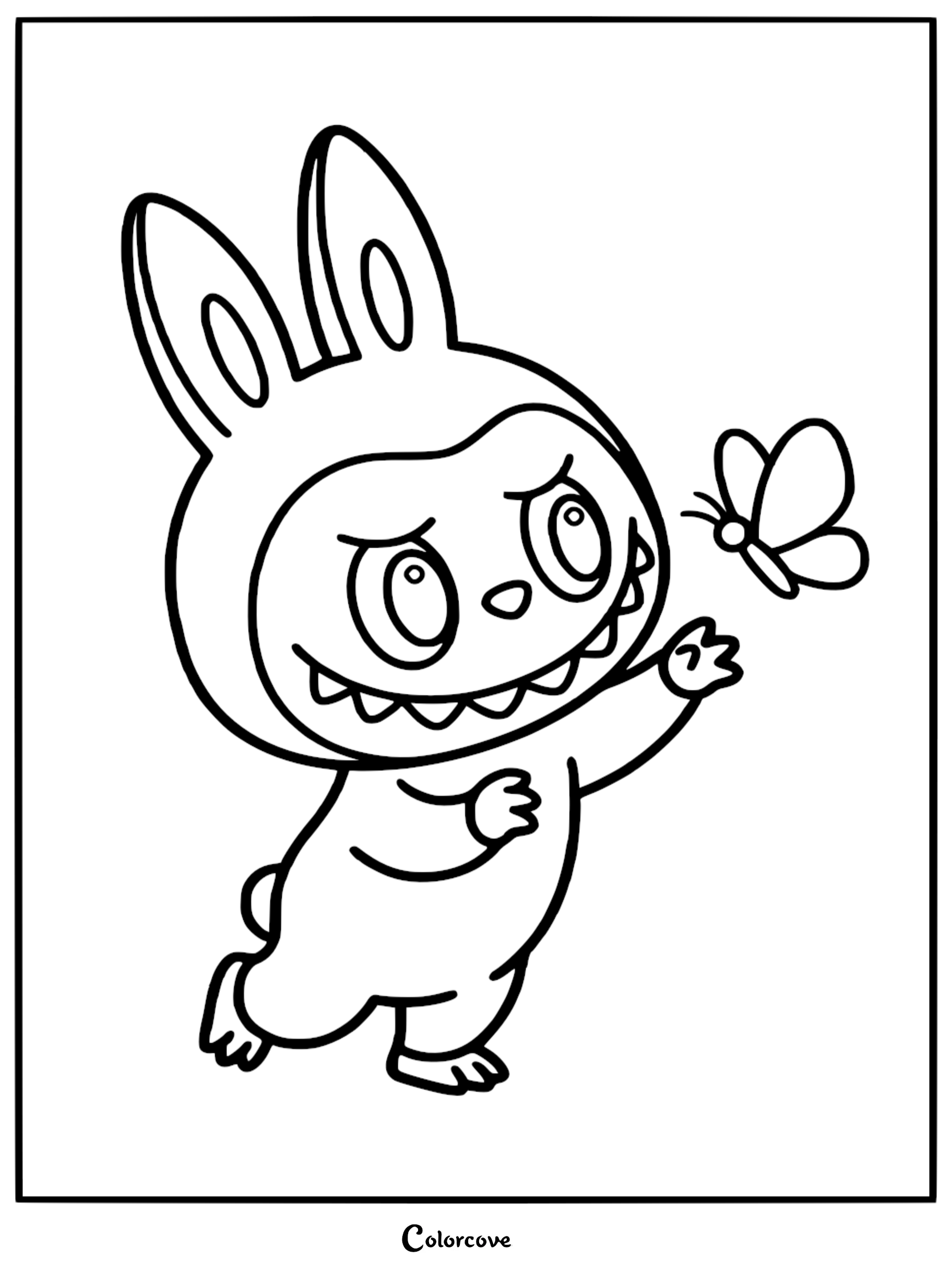 Labubu with large ears and a nine-toothed grin reaching out to a small butterfly in this printable coloring page.