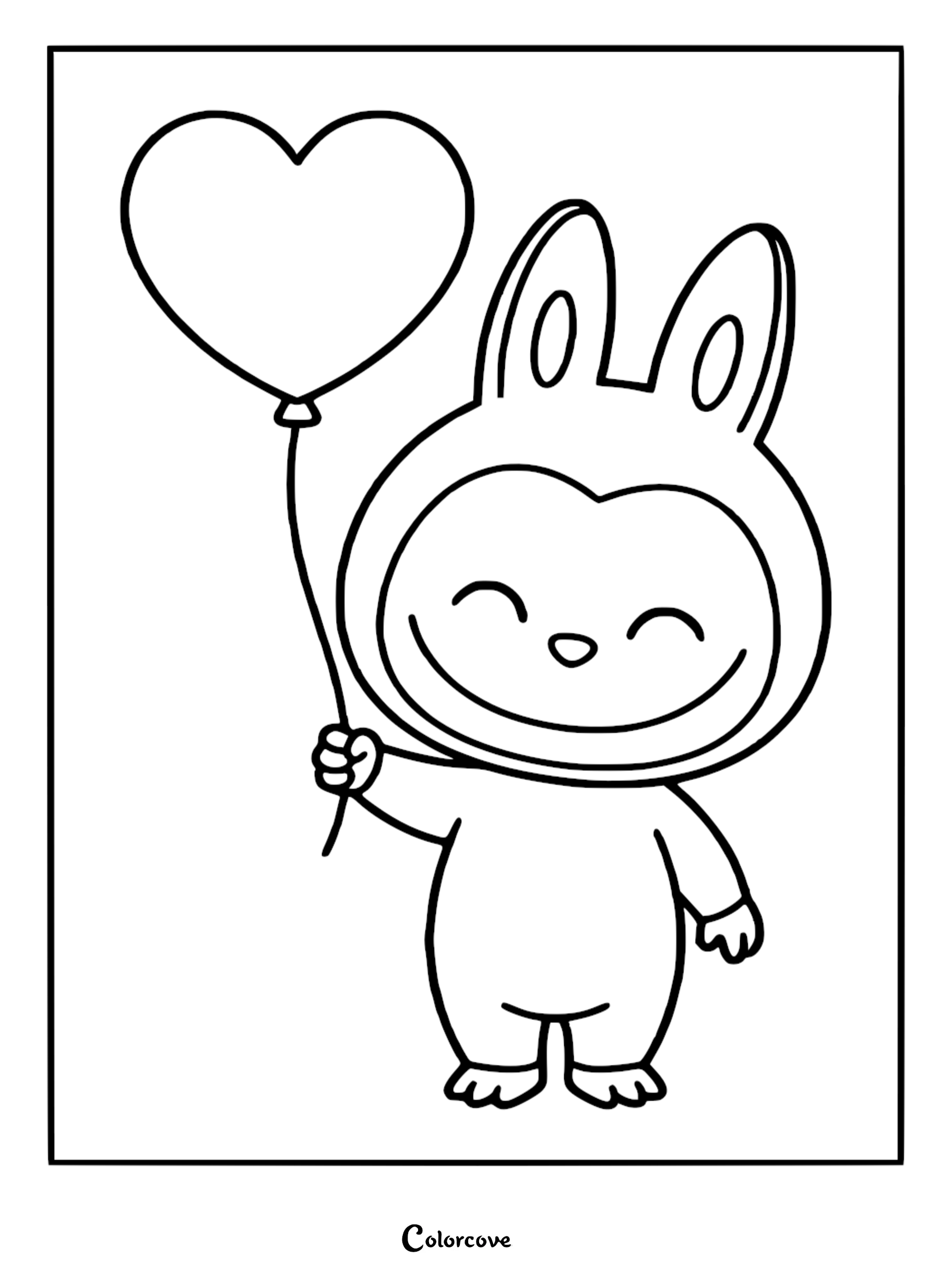 Labubu with large ears and a wide grin holding a heart-shaped balloon in a simple line art coloring page style.