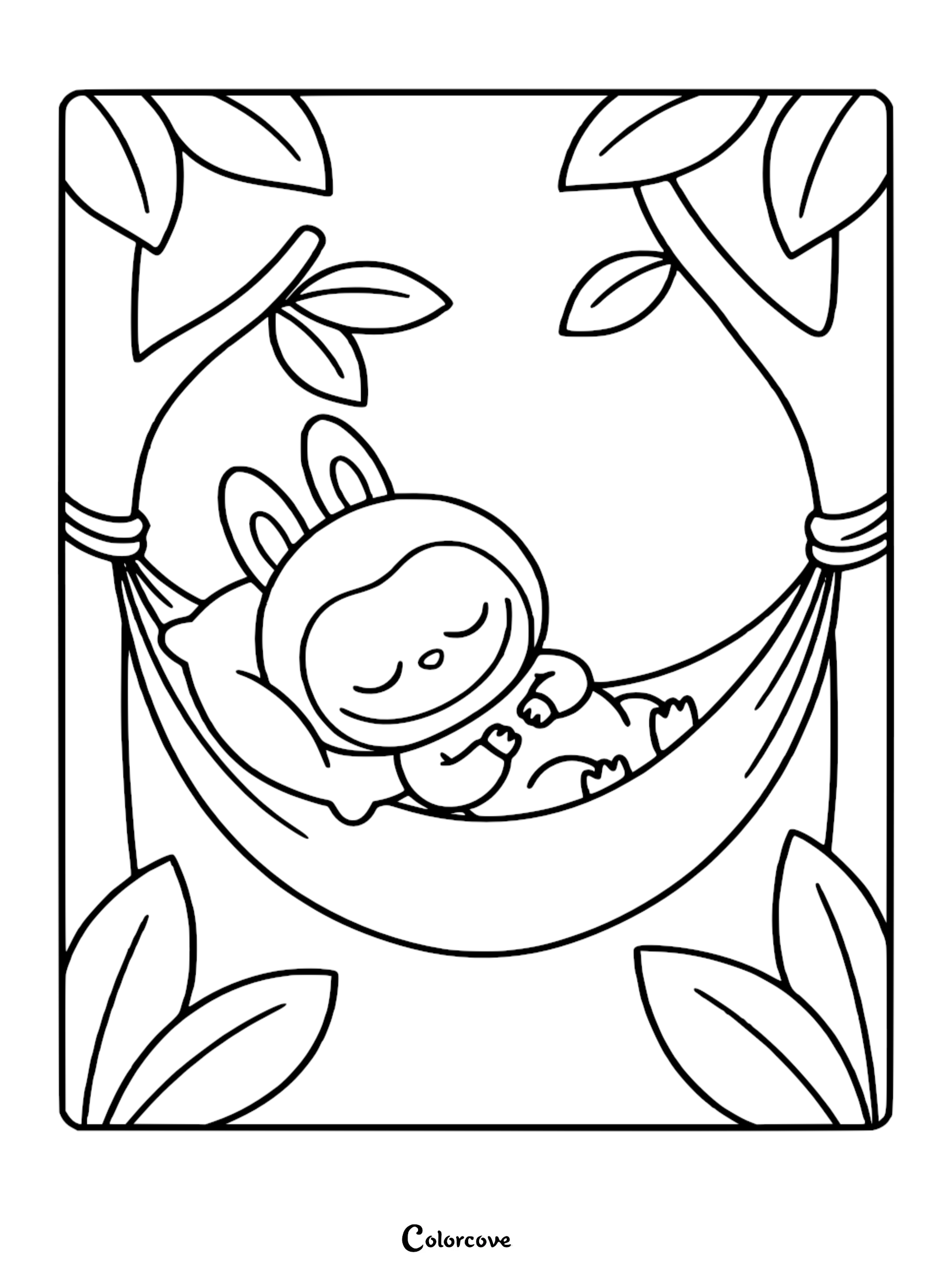 Labubu sleeping peacefully in a hammock strung between two trees, line art coloring page.
