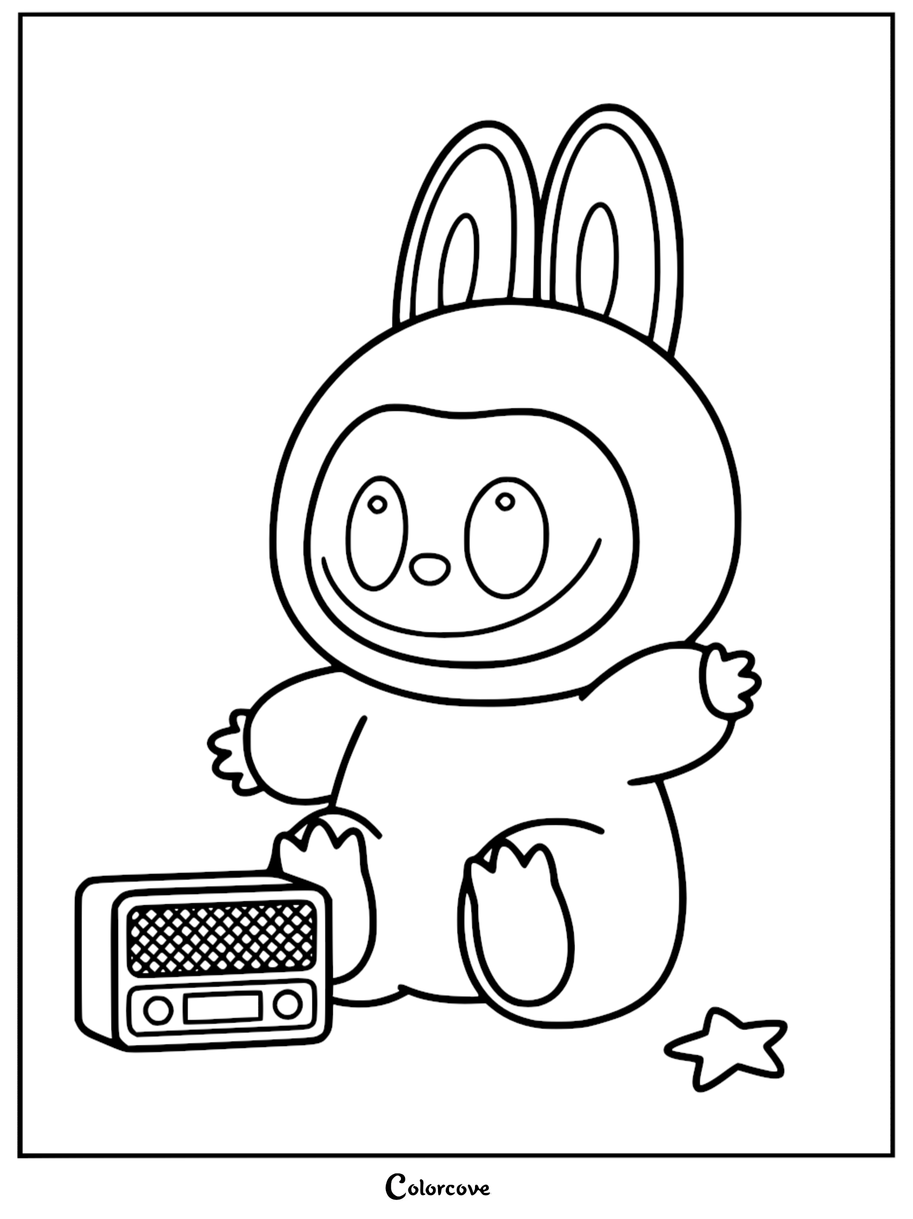 Labubu sitting on the floor next to a vintage radio, a small star shape nearby, line art coloring page.