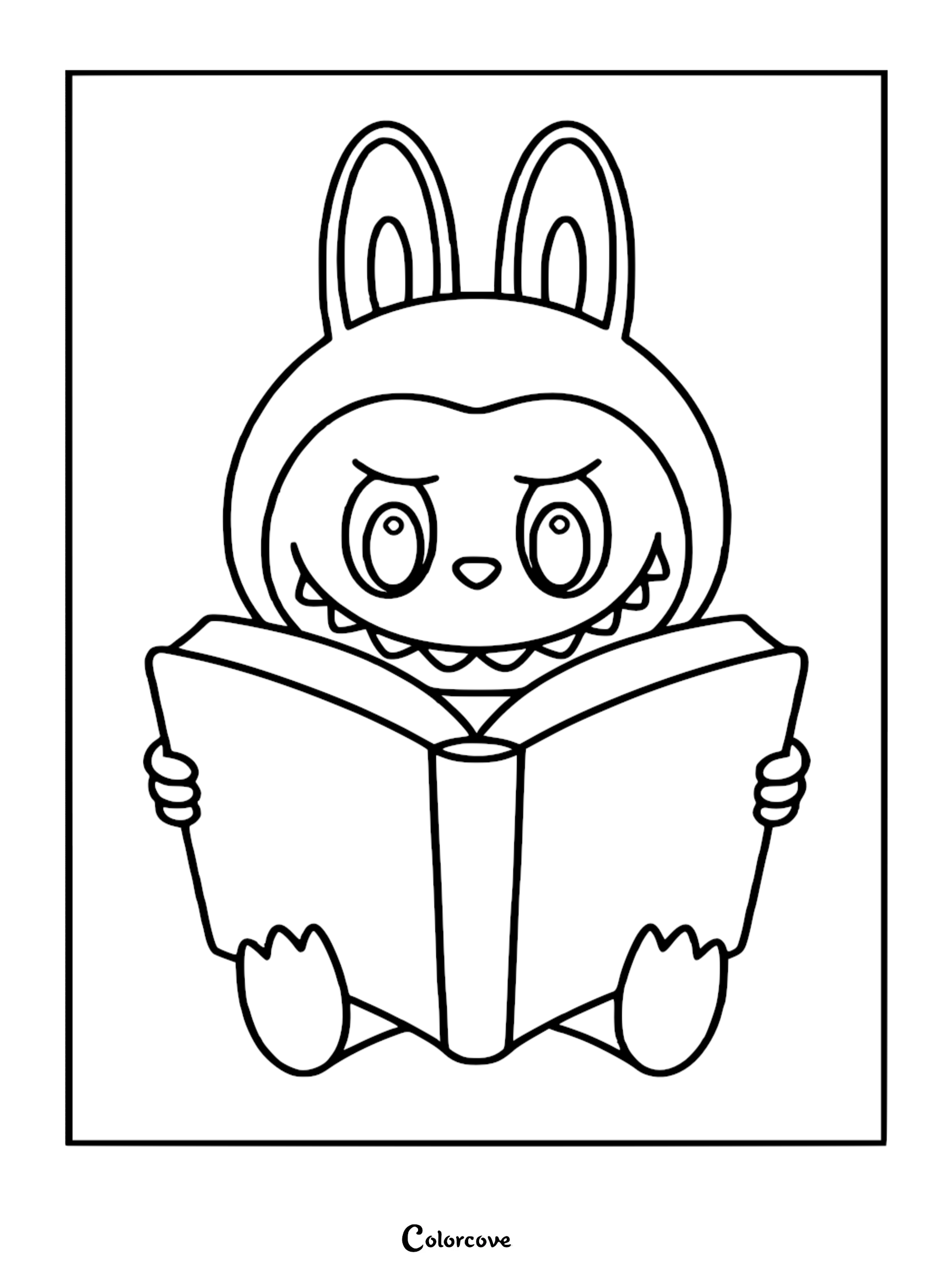 A printable coloring page featuring Labubu with large ears and a nine-toothed grin, sitting down and holding an open book.