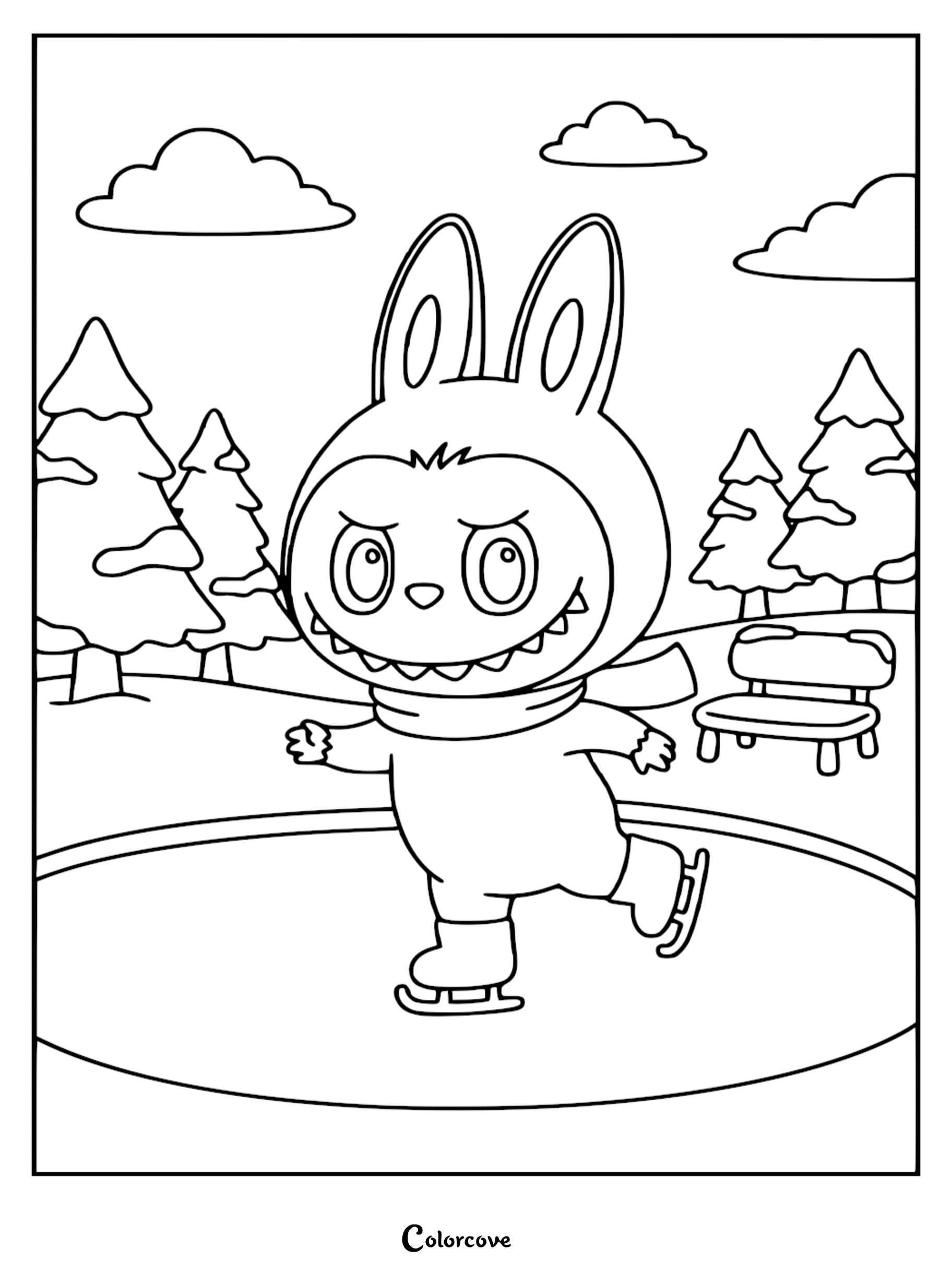 Labubu wearing a scarf and ice skates, gliding on a frozen pond in a snowy forest, printable coloring page.