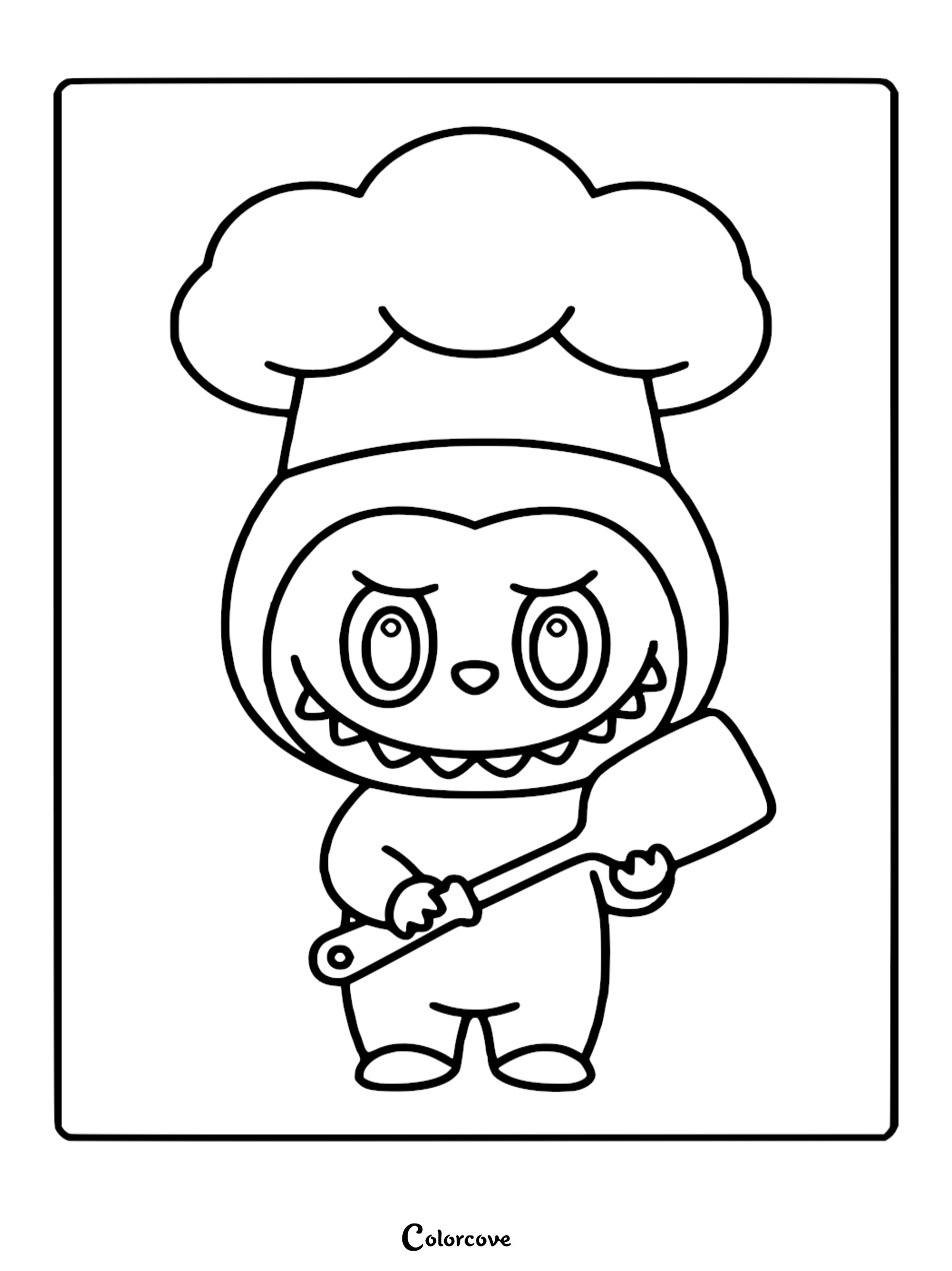 Labubu wearing a tall chef hat and holding a spatula in this printable coloring page line art.