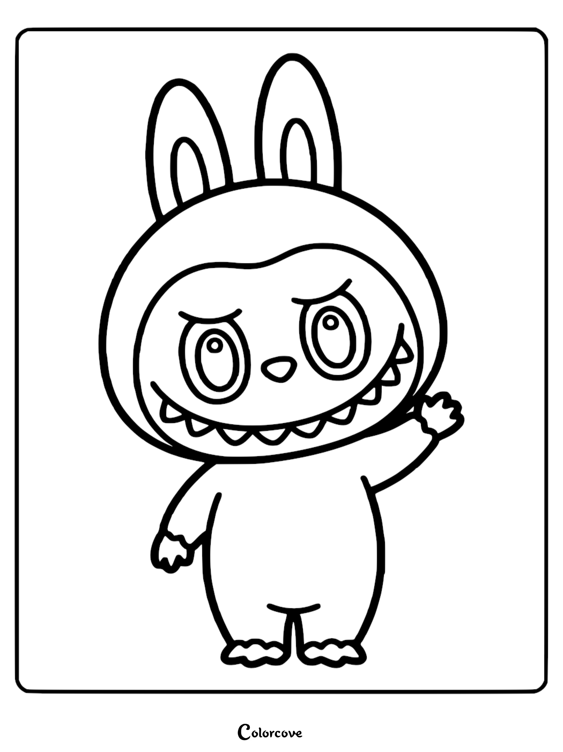 A printable coloring page featuring Labubu with large ears, a wide grin showing nine sharp teeth, and one hand raised in a friendly wave.