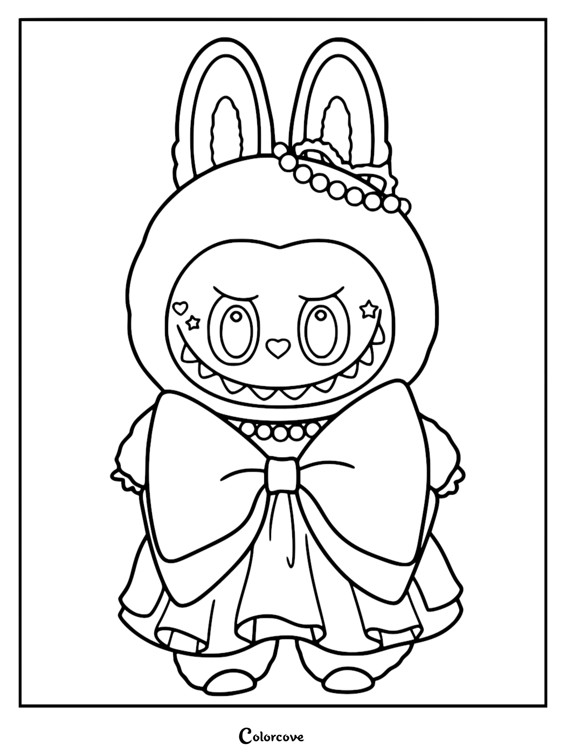 Labubu wearing a large bow and pearl necklace in this printable coloring page line art.
