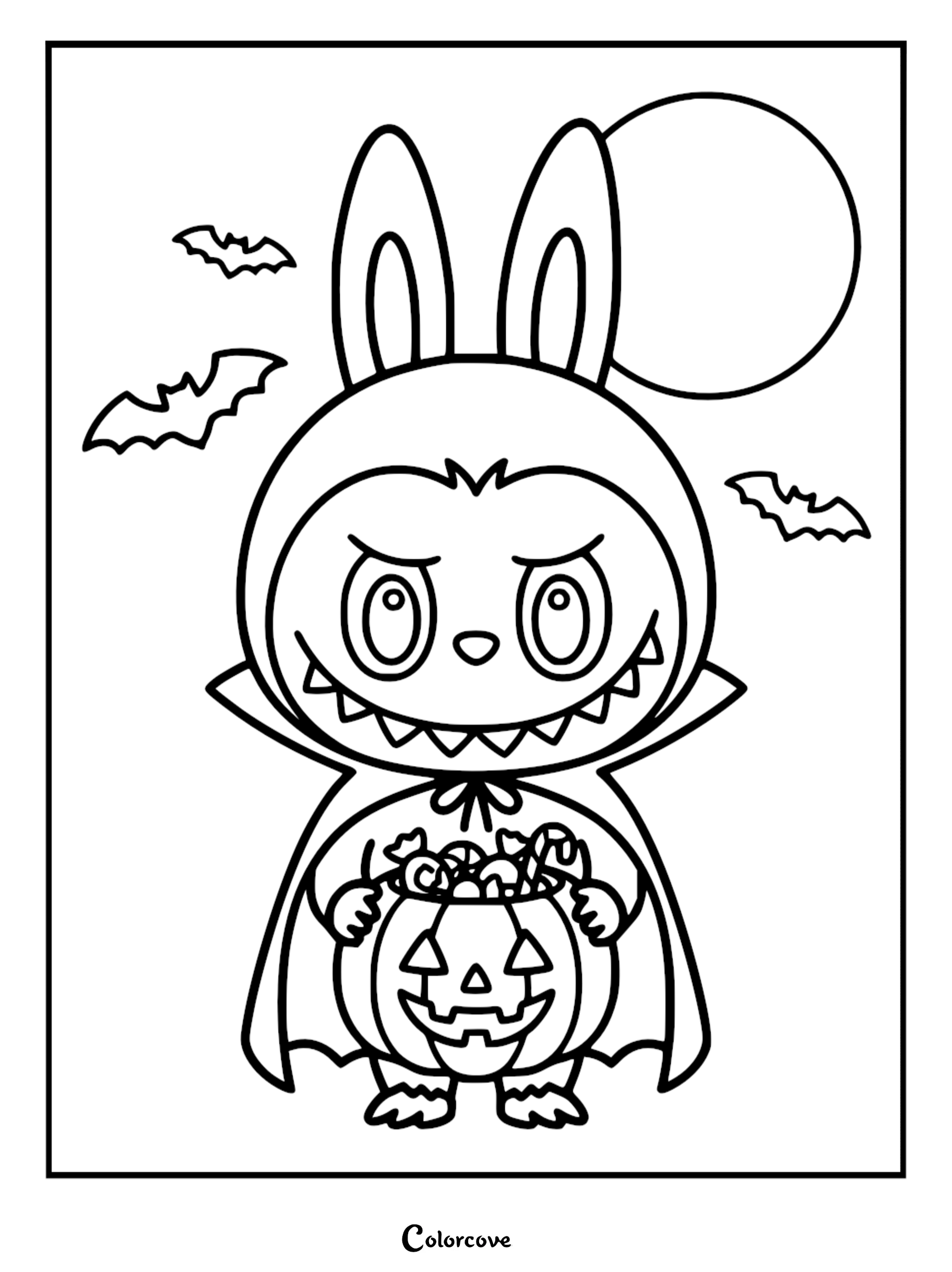 Labubu dressed as a vampire in a cape holding a jack-o'-lantern candy bucket, featuring bats and a full moon in this printable coloring page.