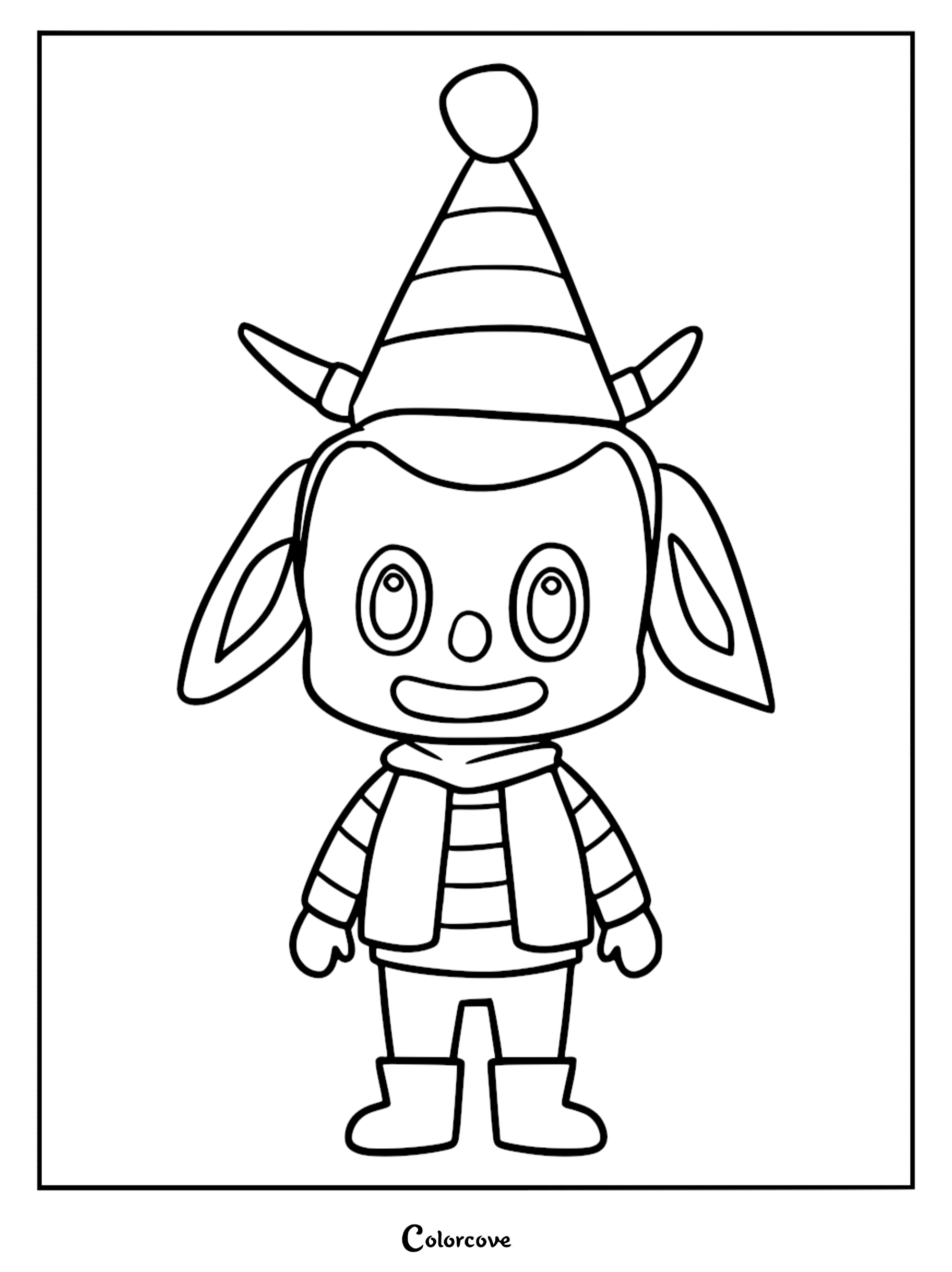 Yaya from The Monsters wearing a striped party hat and vest on a printable coloring page.