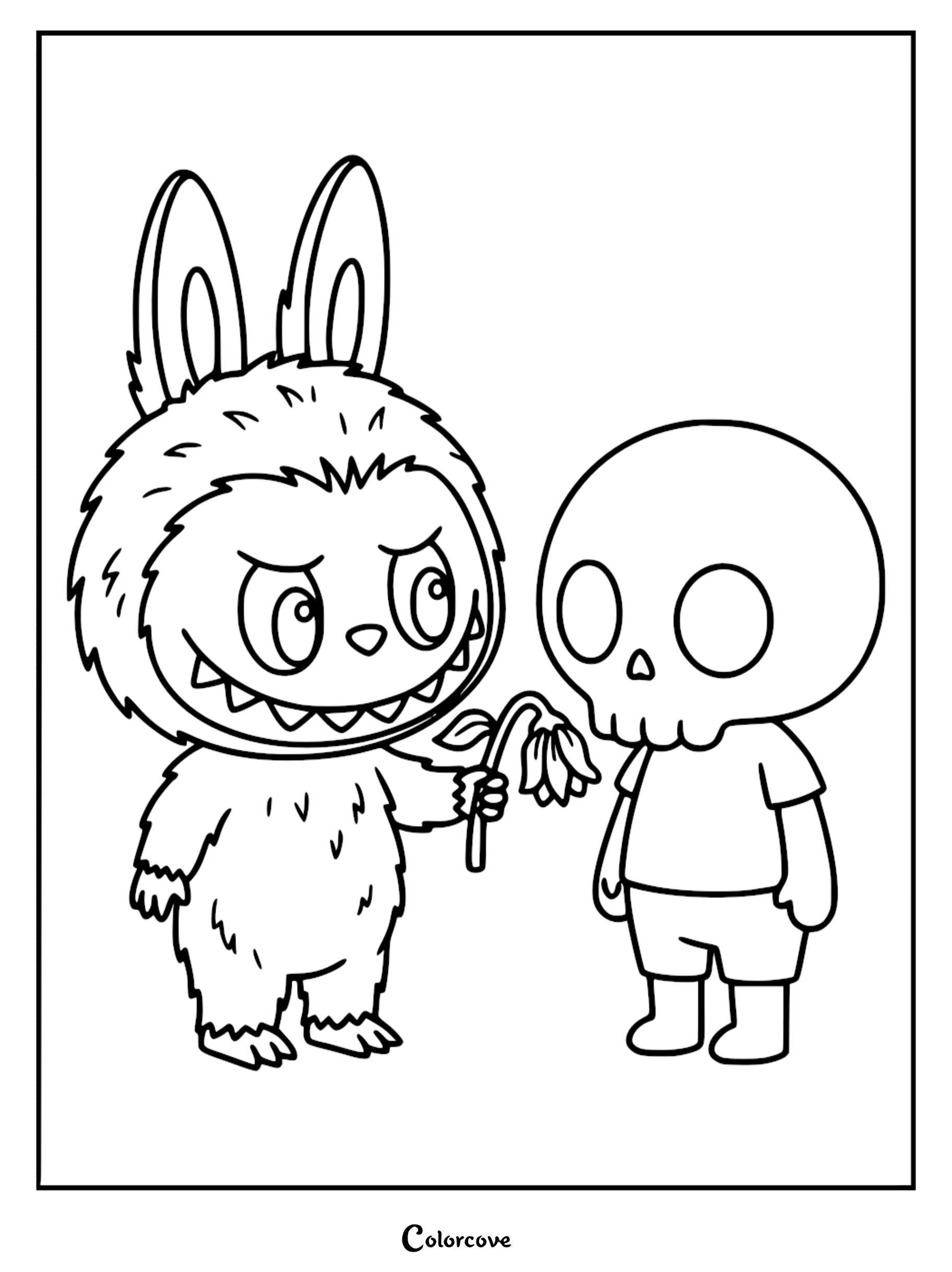 Labubu with nine sharp teeth and large ears offering a drooping flower to the skeleton character Tycoco in this printable coloring page.