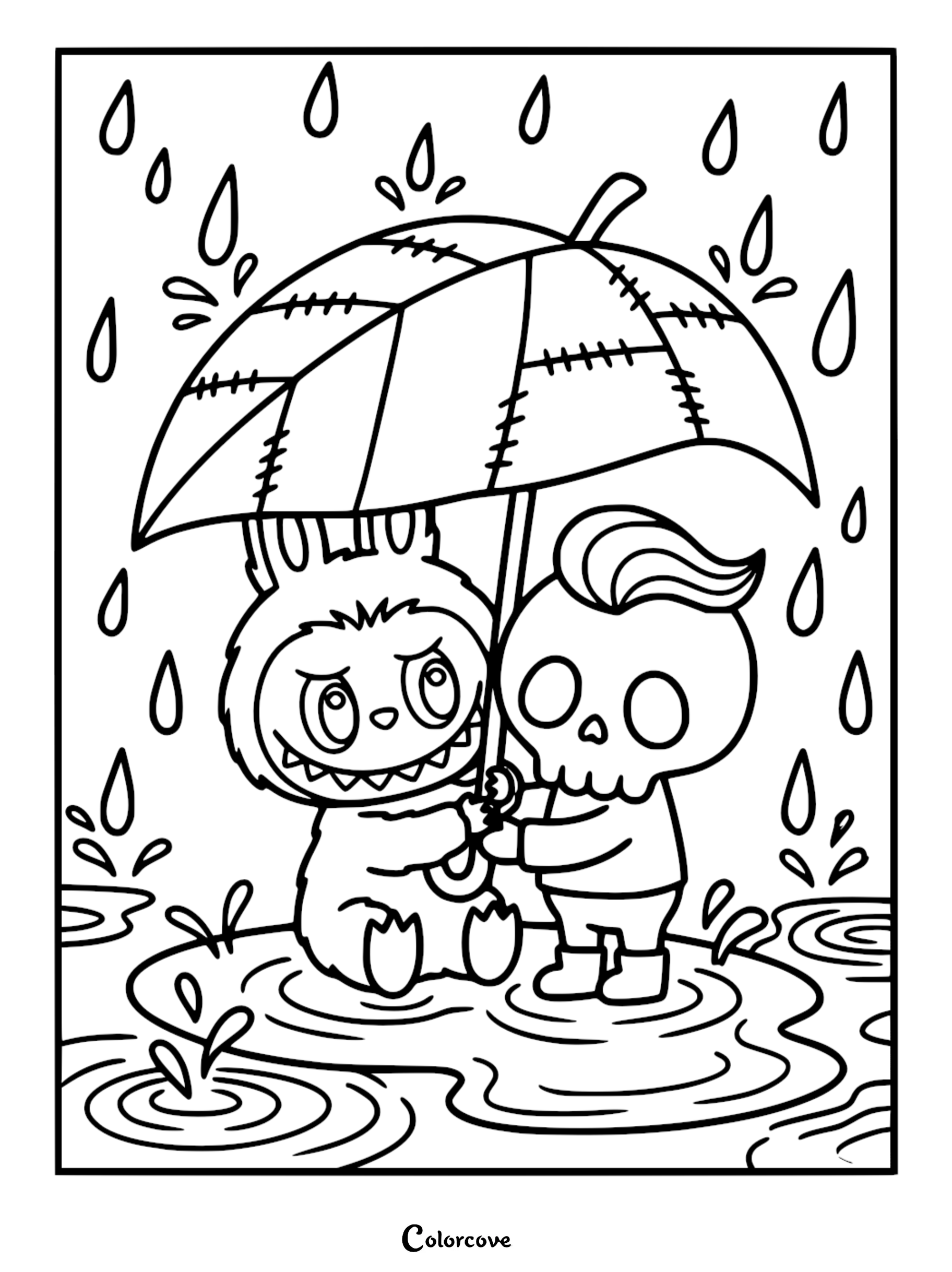 Labubu and Tycoco standing together in the rain under a large stitched umbrella, printable coloring page.