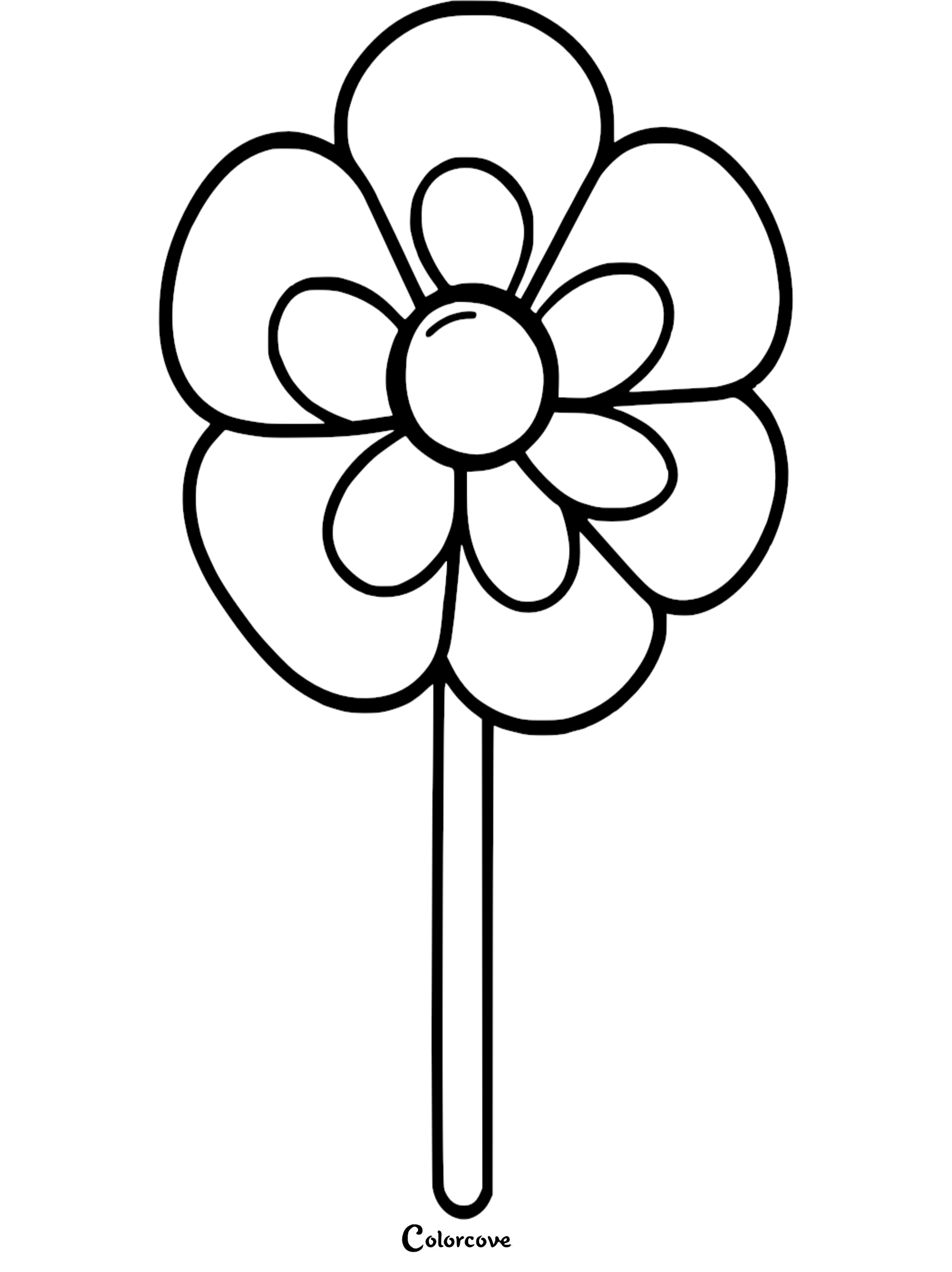 A simple black and white coloring page featuring a flower-shaped lollipop with rounded petals and a straight stick.