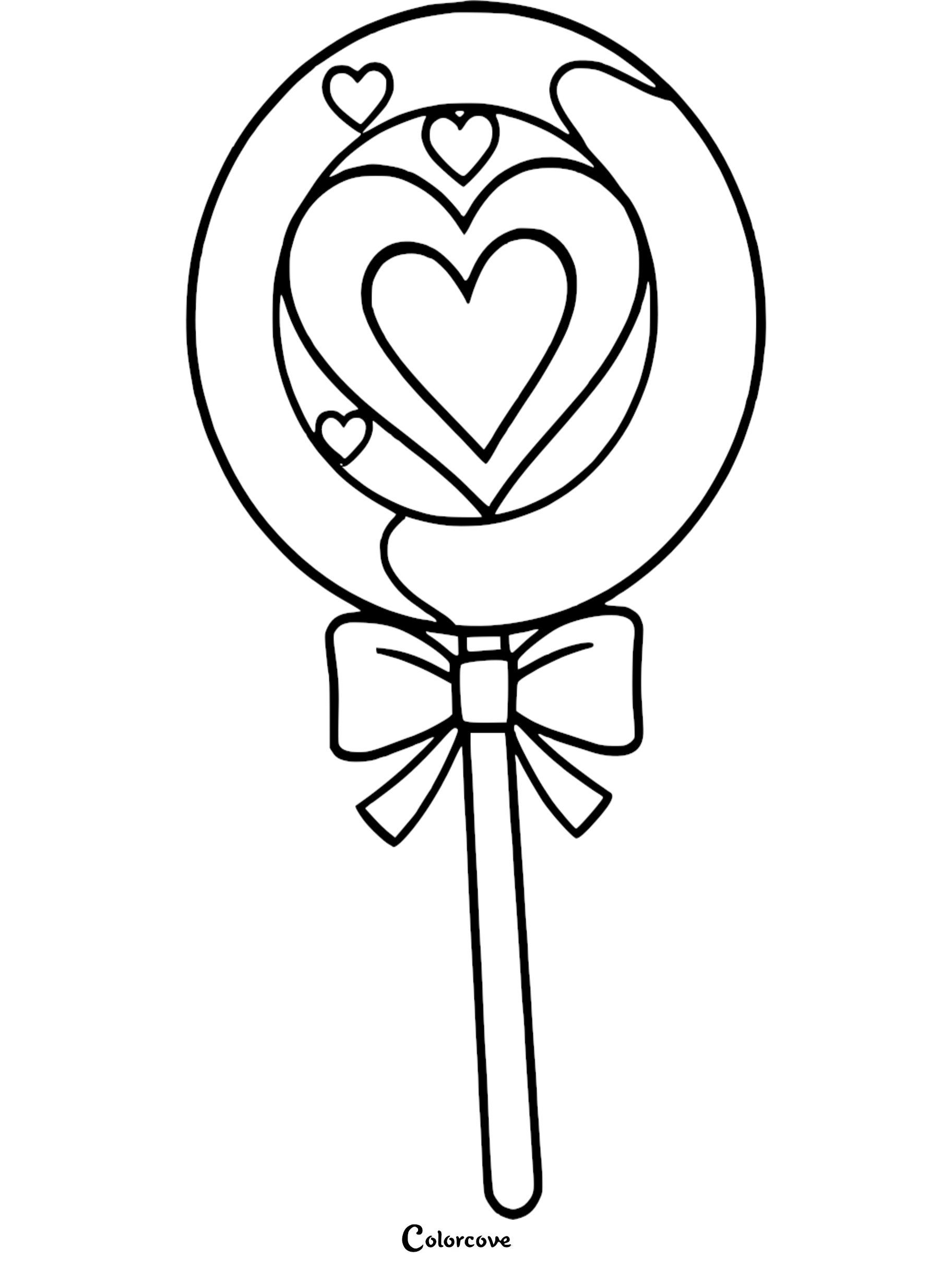 A circular lollipop coloring page featuring a large central heart design, smaller heart accents, and a decorative bow on the stick.