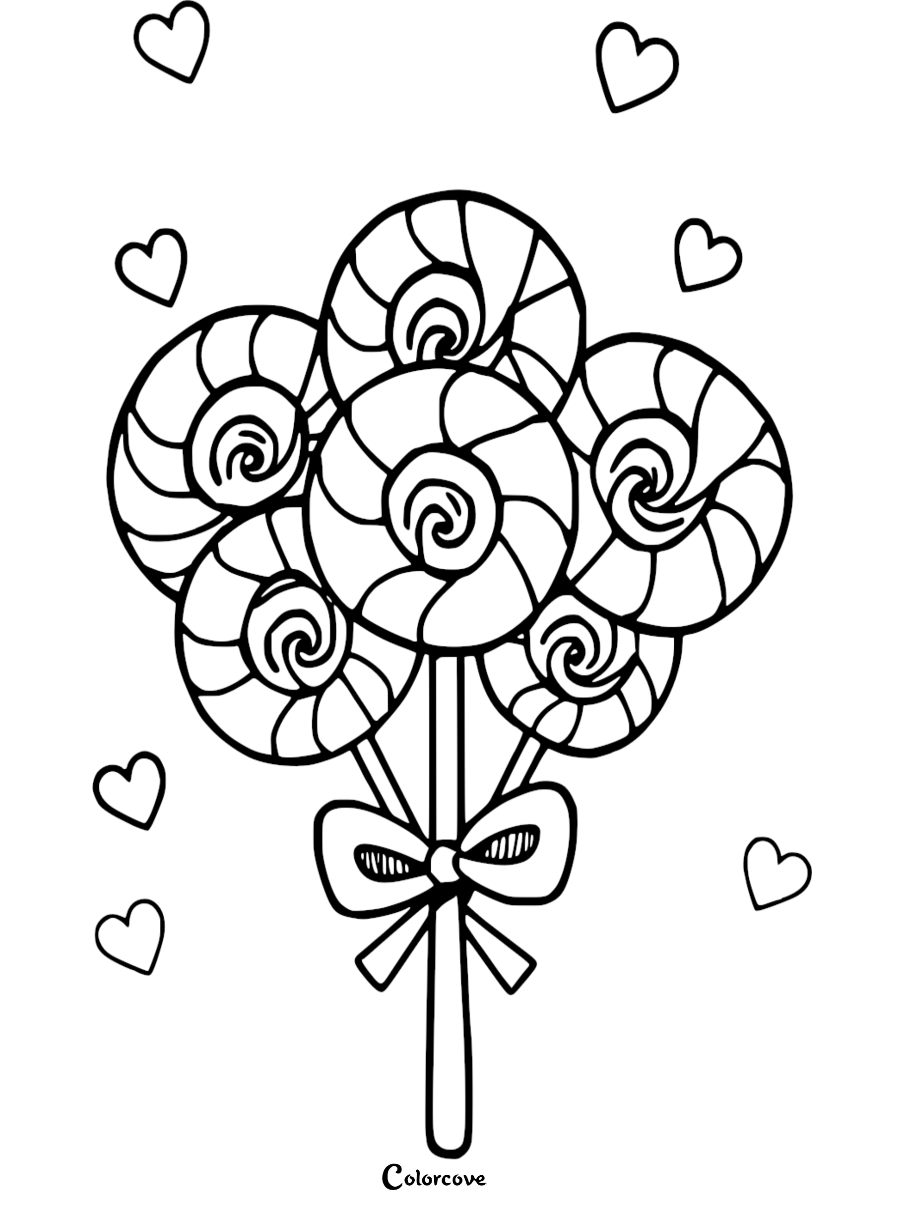 A bouquet of five swirled lollipops tied with a bow, surrounded by floating hearts in this printable coloring page.
