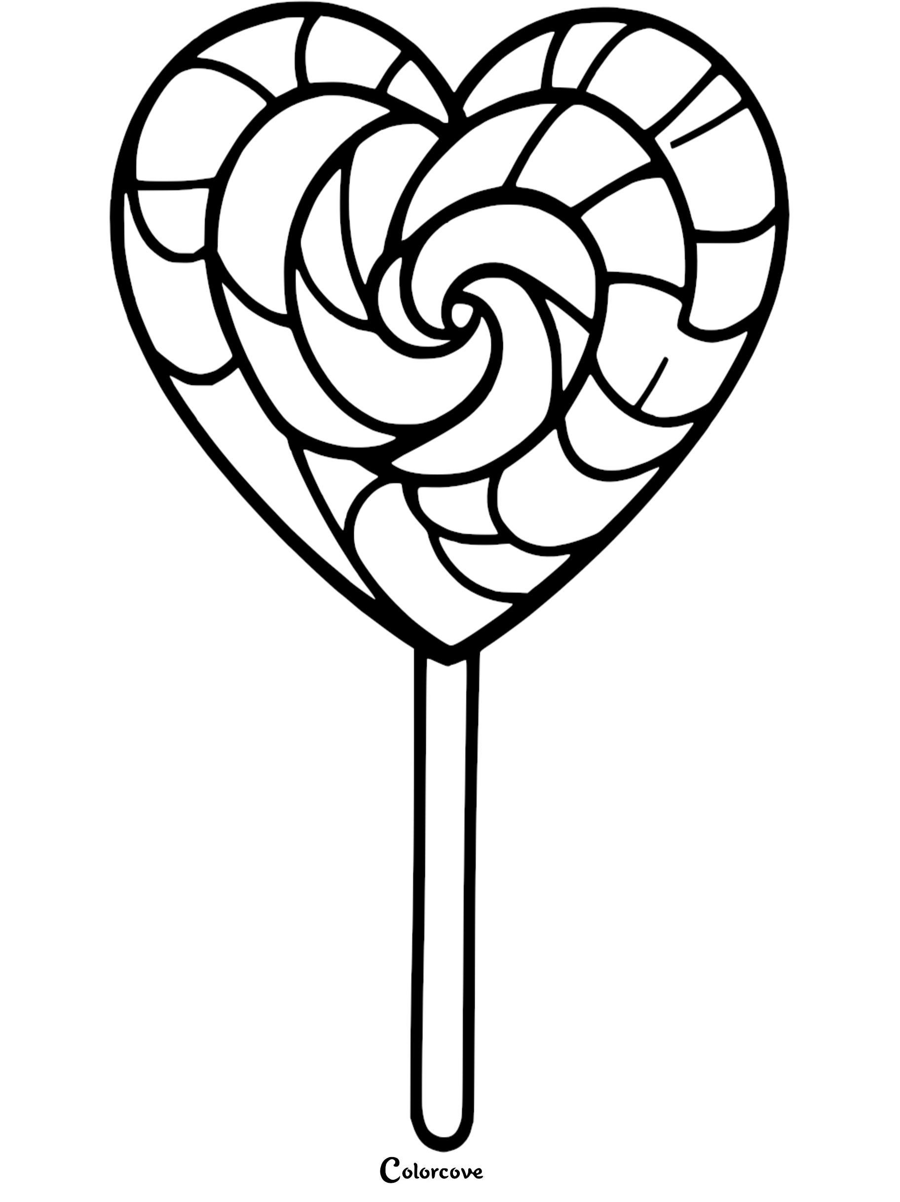 A black and white coloring page featuring a heart-shaped lollipop with a detailed spiral candy pattern on a straight stick.