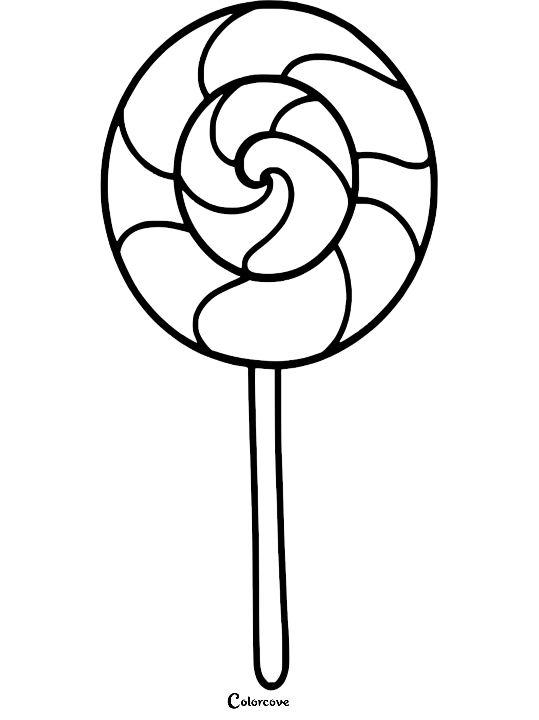 A simple black and white coloring page featuring a round lollipop with a swirling candy pattern on a stick.