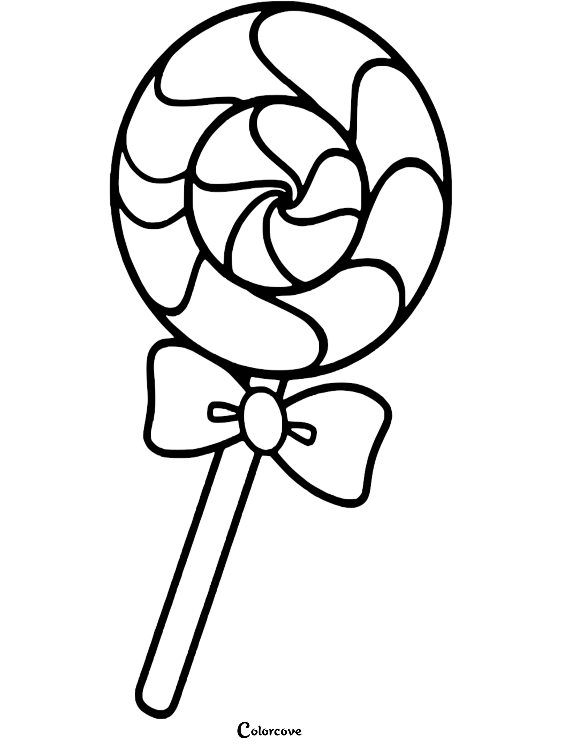 A simple black and white coloring page featuring a round swirl lollipop decorated with a cute bow on the stick.